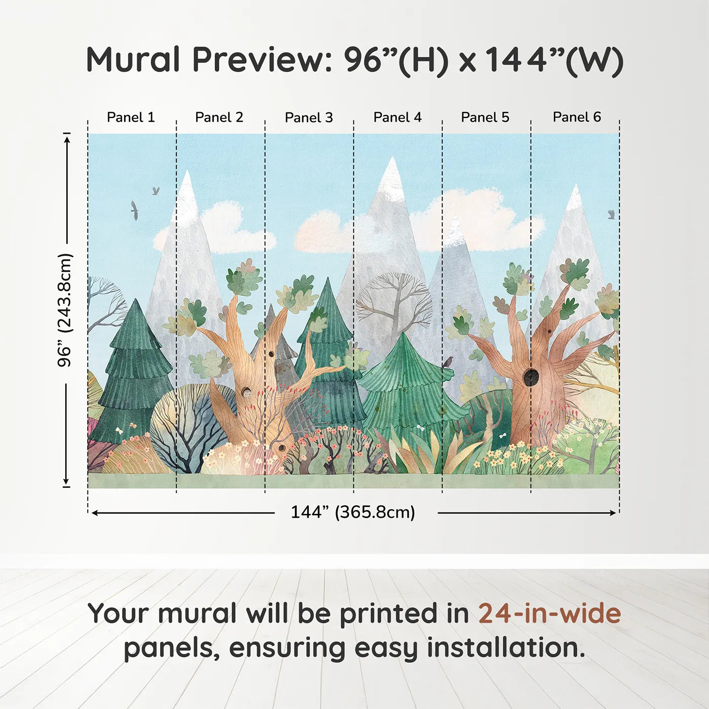 Whimsy Tots Whimsical Forest Border Wall Muraldimension view (96" H x 144" W). Printed in six 24-inch-wide panels. Gender-Neutral