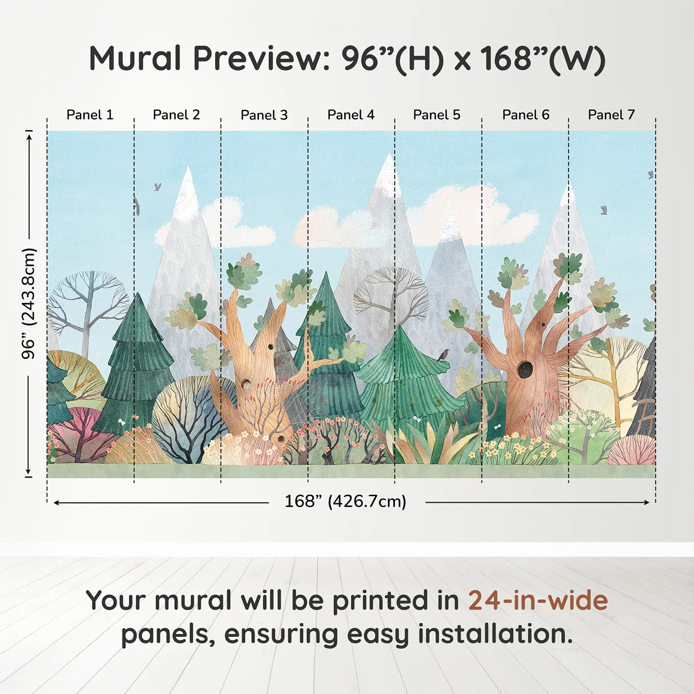Whimsy Tots Whimsical Forest Border Wall Muraldimension view (96" H x 168" W). Printed in seven 24-inch-wide panels. Gender-Neutral