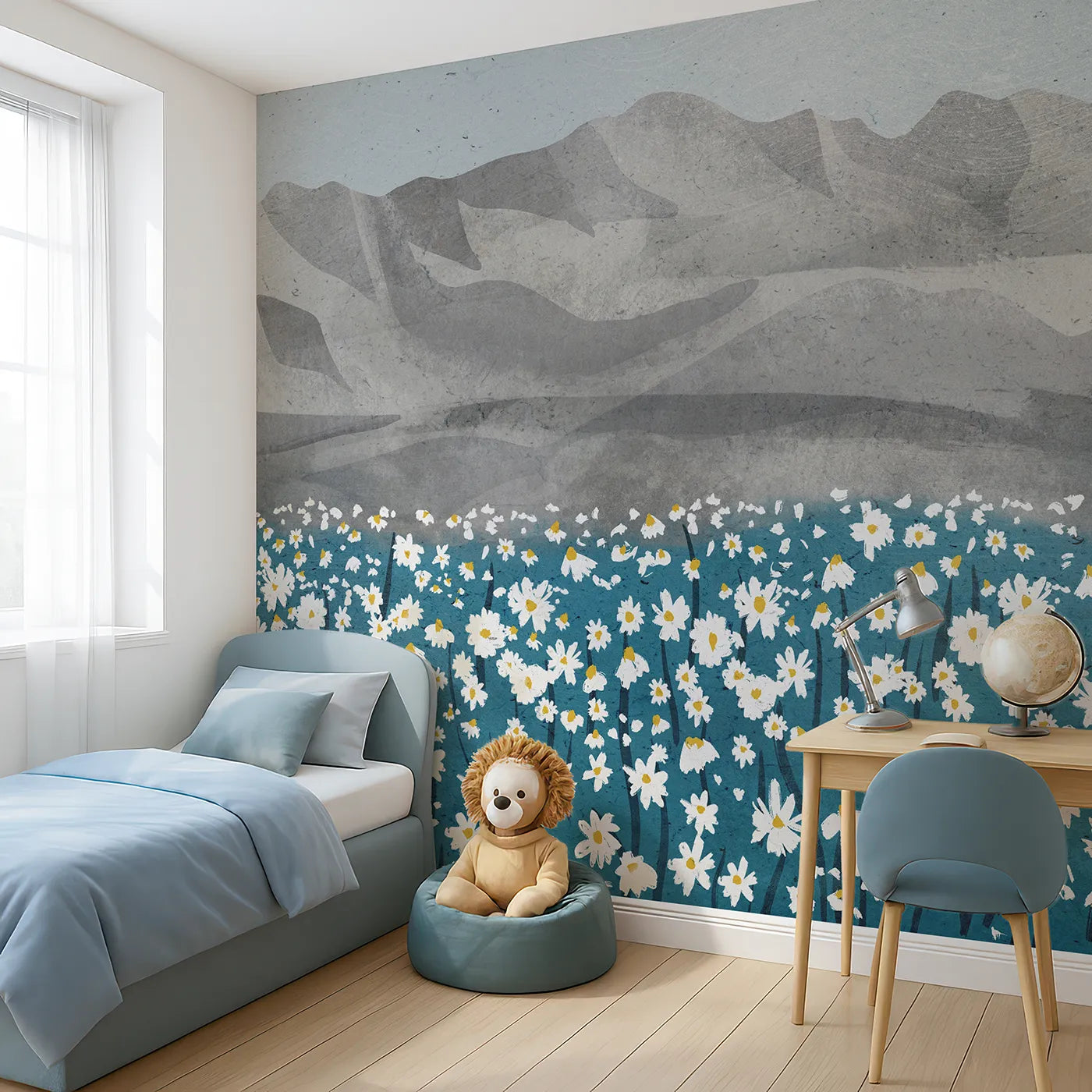 Angled view of Whimsy Tots' Daisy Mountain Wall Mural (Turn Their Room into a Field of Modern, Minimalist Flowers).Gender-Neutral