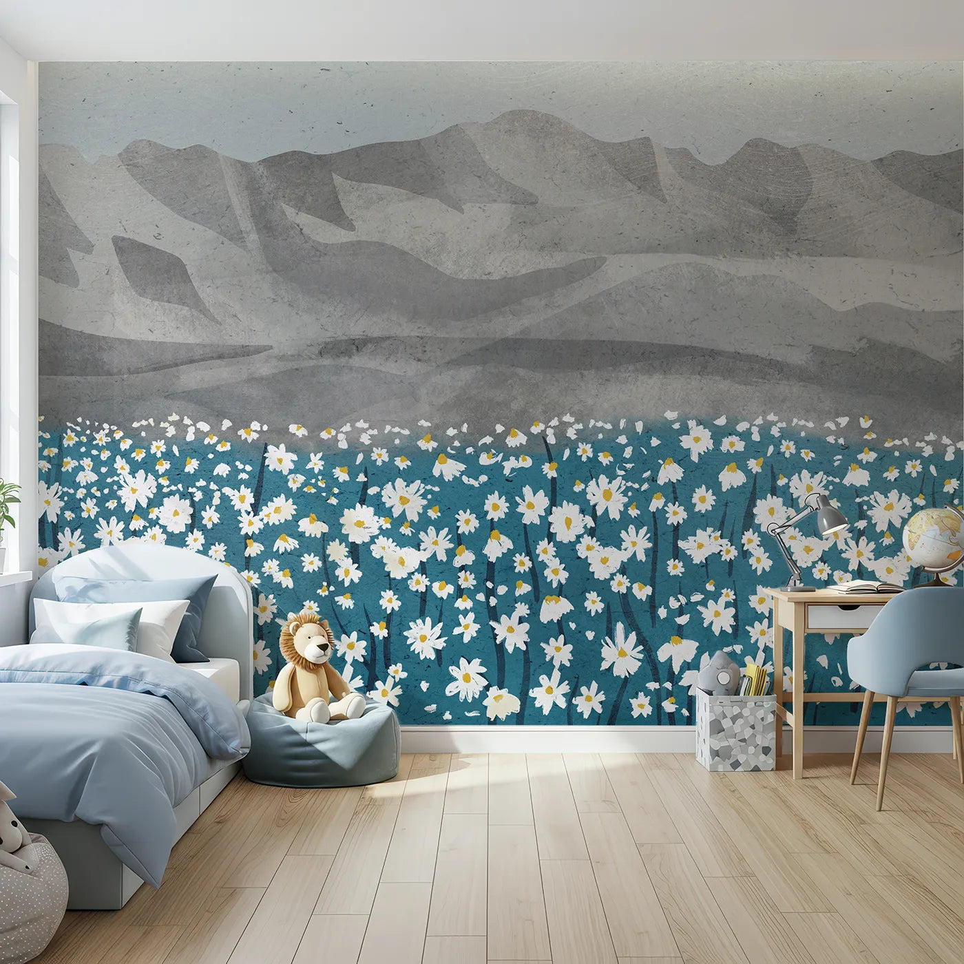 Front view of Whimsy Tots' Daisy Mountain Wall Mural
