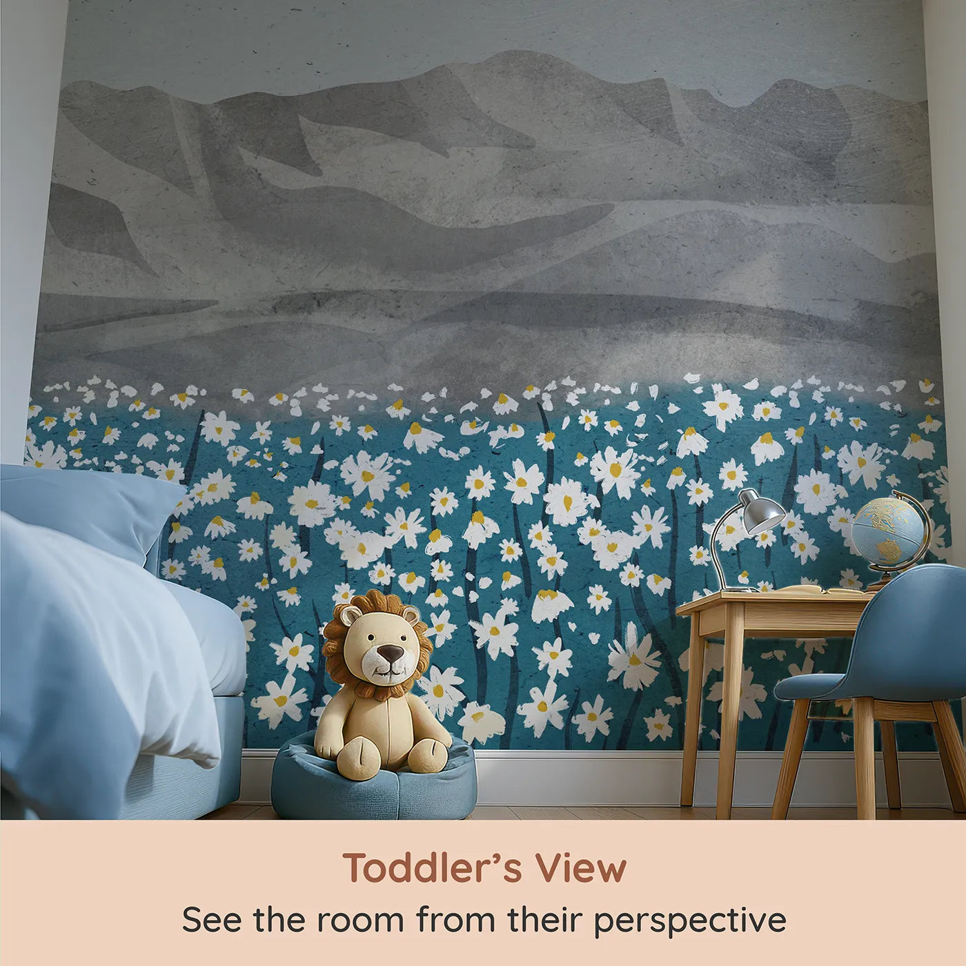 Whimsy Tots Daisy Mountain Wall Mural (Turn Their Room into a Field of Modern, Minimalist Flowers) from your child's view.Gender-Neutral