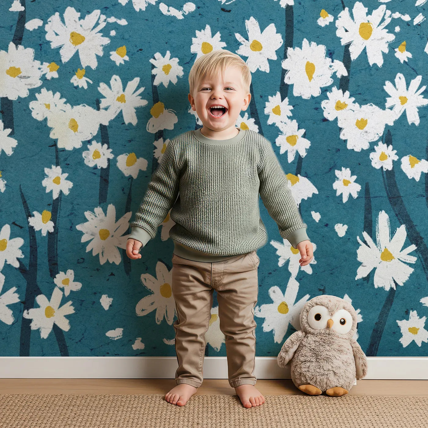 Child in front of Whimsy Tots Daisy Mountain Wall Mural with daisy, flower, mountain, gray, blue, modern, minimalist, abstract in design.