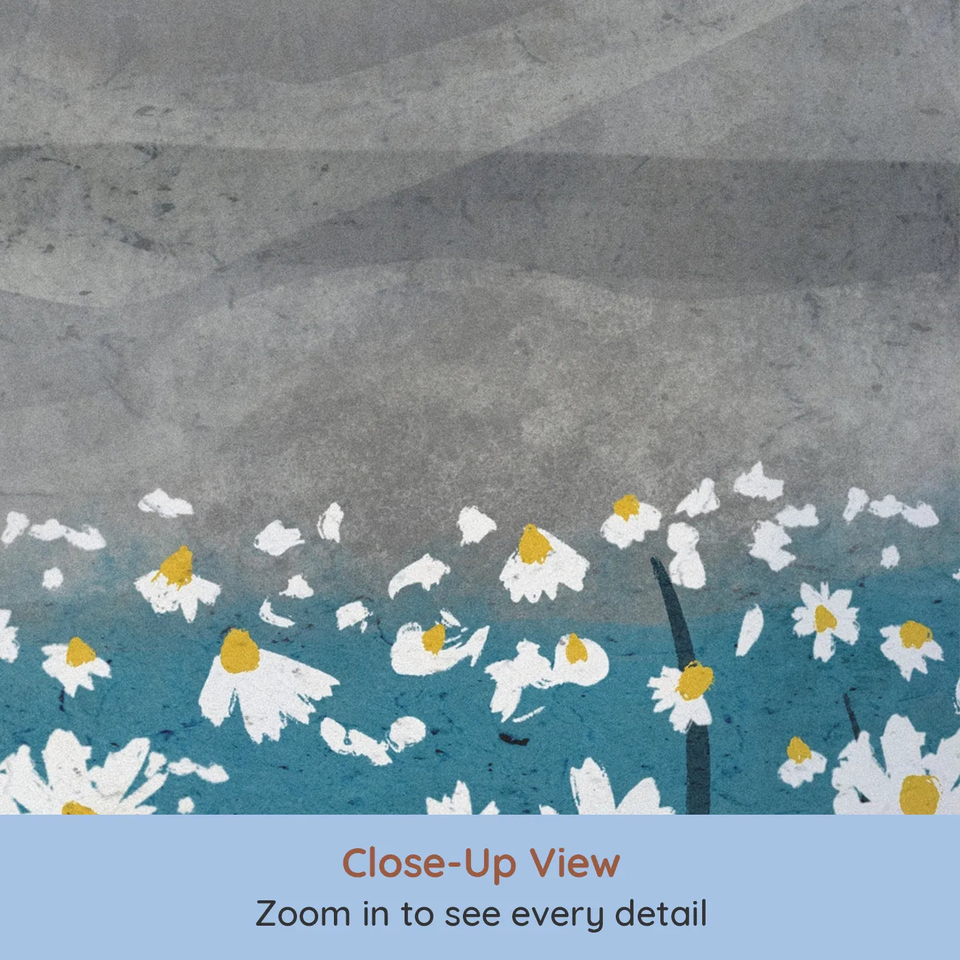 Close-up view of Whimsy Tots' Daisy Mountain Wall Mural (Turn Their Room into a Field of Modern, Minimalist Flowers).Gender-Neutral