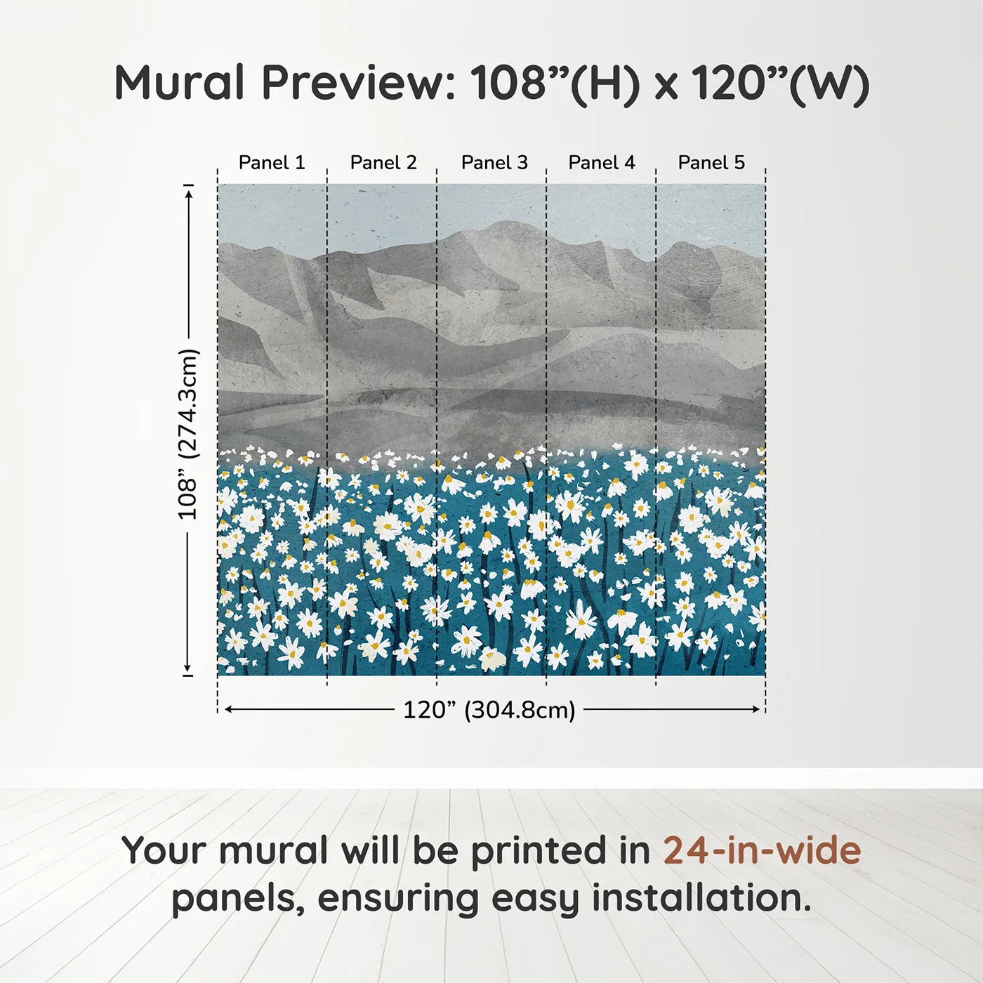 Whimsy Tots Daisy Mountain Wall Muraldimension view (108" H x 120" W). Printed in five 24-inch-wide panels. Gender-Neutral