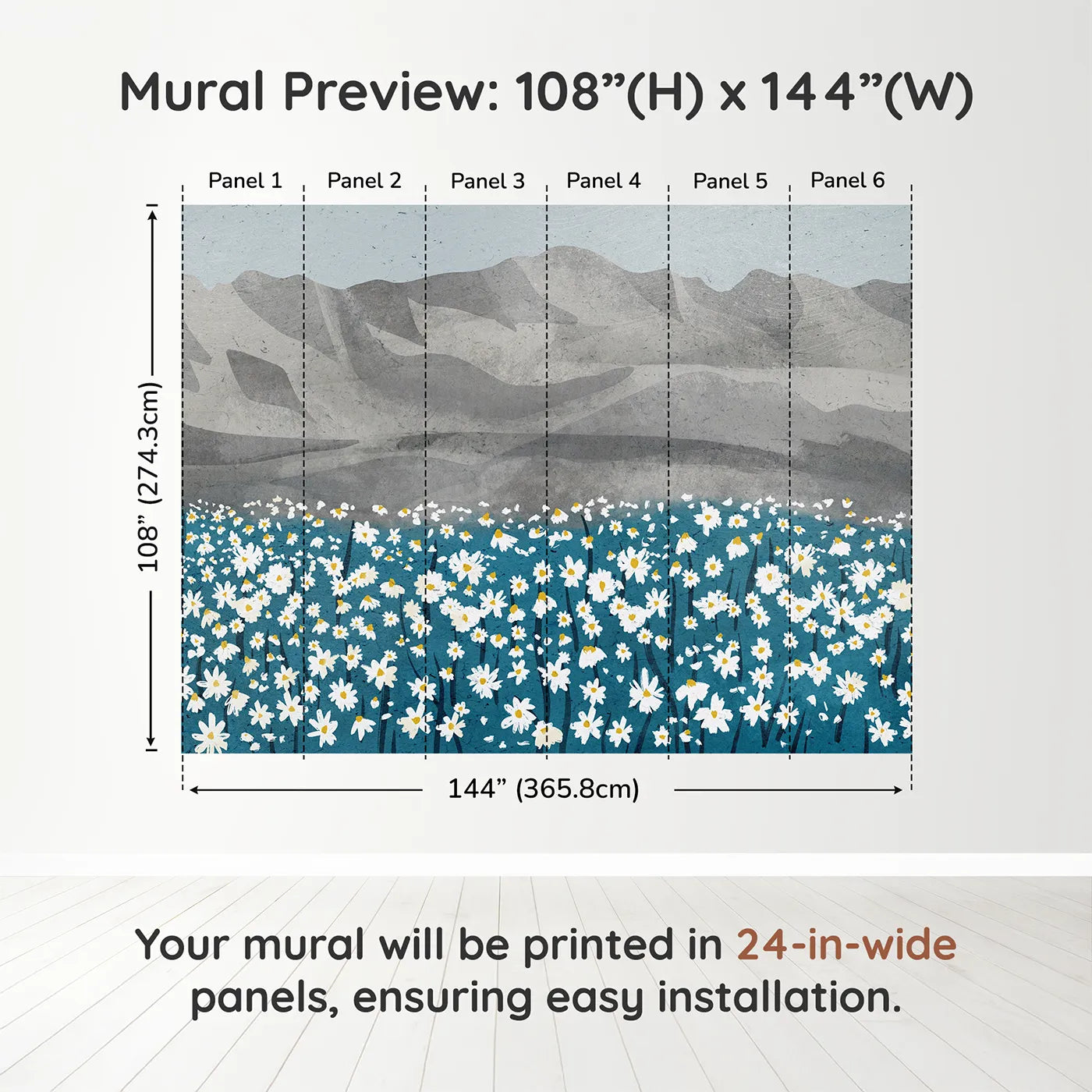 Whimsy Tots Daisy Mountain Wall Muraldimension view (108" H x 144" W). Printed in six 24-inch-wide panels. Gender-Neutral