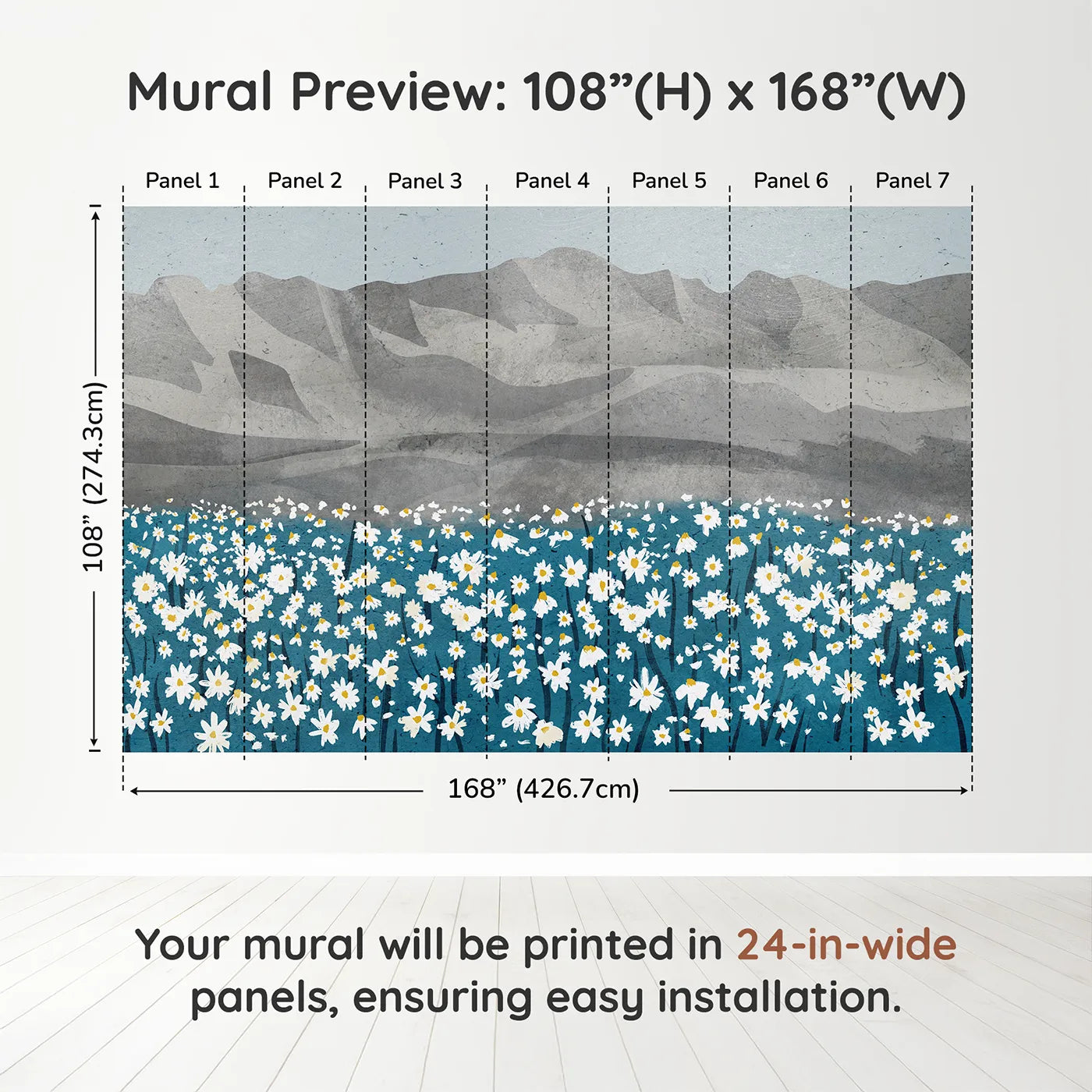 Whimsy Tots Daisy Mountain Wall Muraldimension view (108" H x 168" W). Printed in seven 24-inch-wide panels. Gender-Neutral