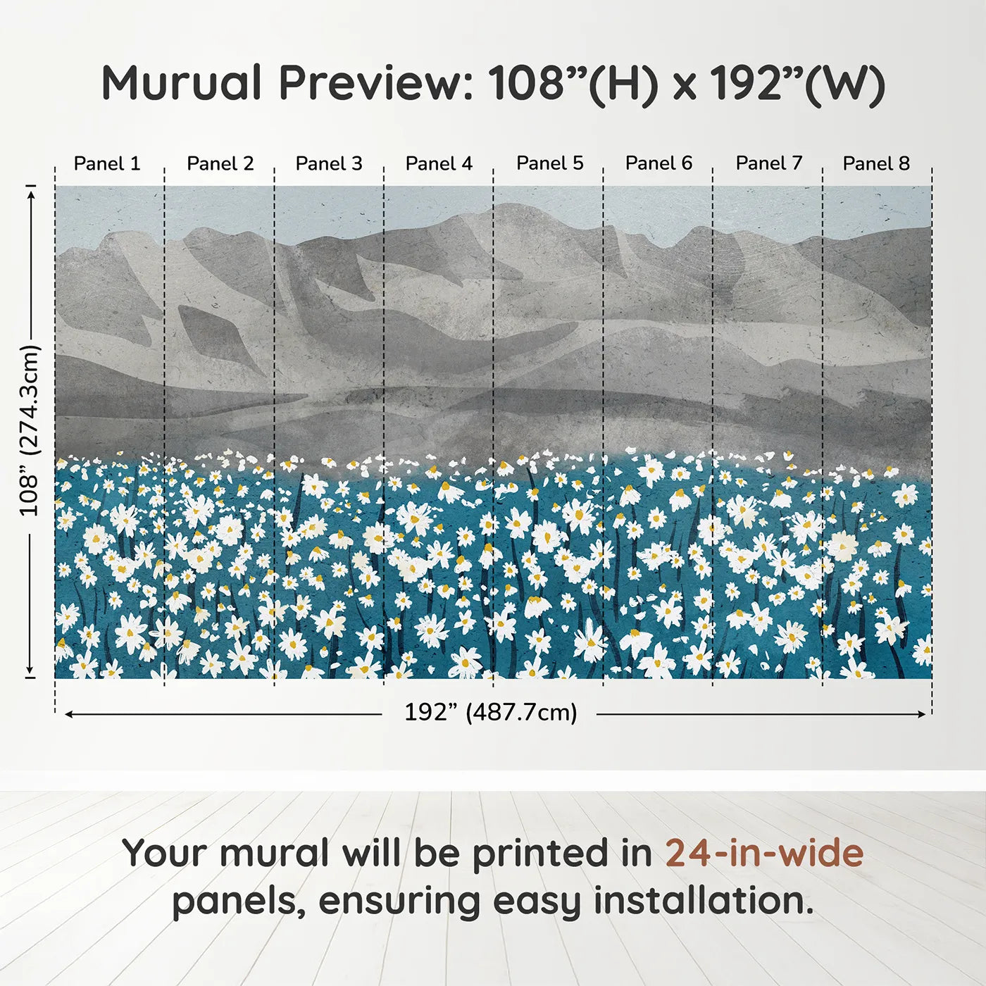 Whimsy Tots Daisy Mountain Wall Muraldimension view (108" H x 192" W). Printed in eight 24-inch-wide panels. Gender-Neutral