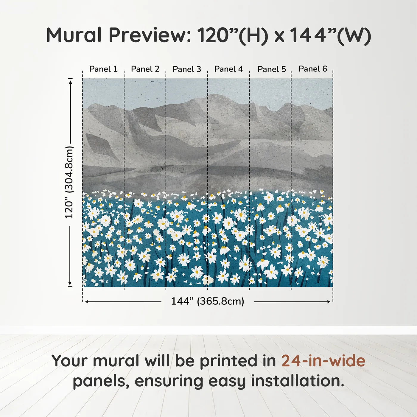 Whimsy Tots Daisy Mountain Wall Muraldimension view (120" H x 144" W). Printed in six 24-inch-wide panels. Gender-Neutral