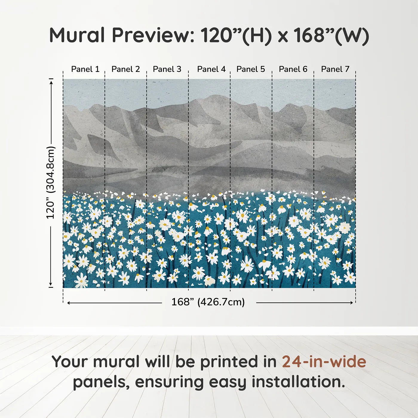 Whimsy Tots Daisy Mountain Wall Muraldimension view (120" H x 168" W). Printed in seven 24-inch-wide panels. Gender-Neutral