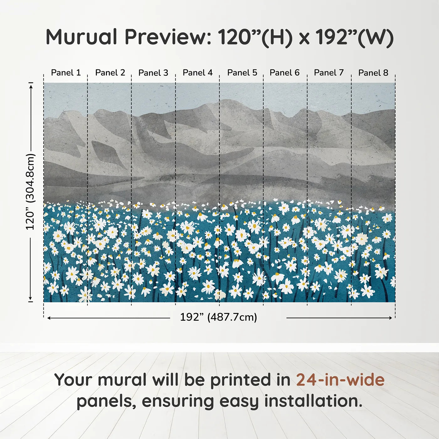 Whimsy Tots Daisy Mountain Wall Muraldimension view (120" H x 192" W). Printed in eight 24-inch-wide panels. Gender-Neutral