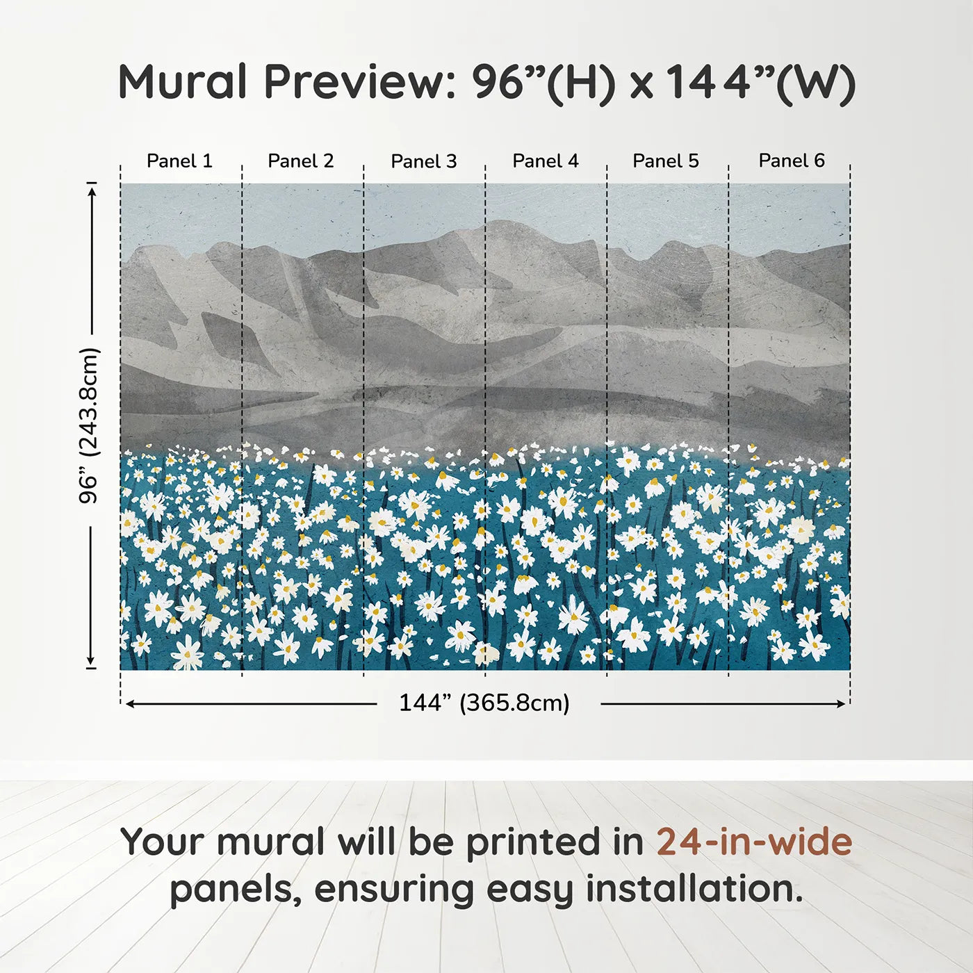 Whimsy Tots Daisy Mountain Wall Muraldimension view (96" H x 144" W). Printed in six 24-inch-wide panels. Gender-Neutral