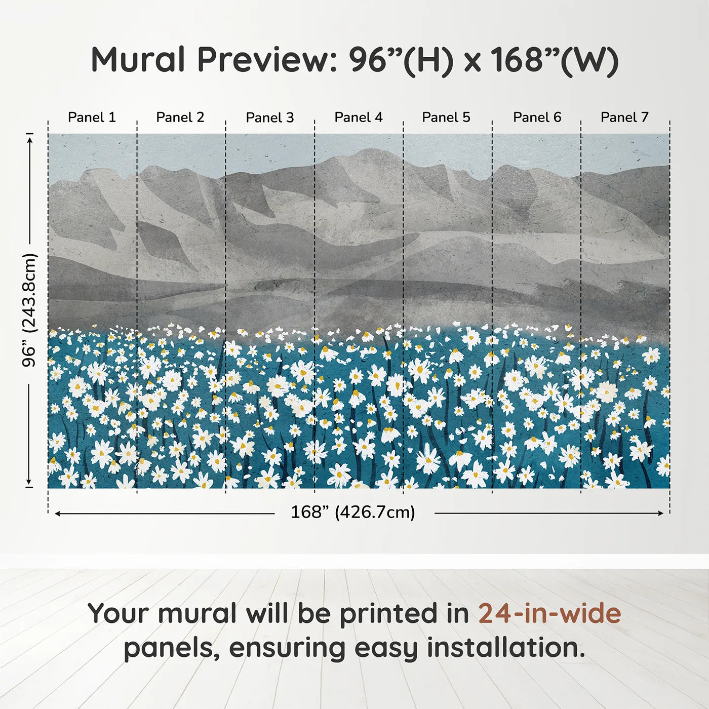 Whimsy Tots Daisy Mountain Wall Muraldimension view (96" H x 168" W). Printed in seven 24-inch-wide panels. Gender-Neutral