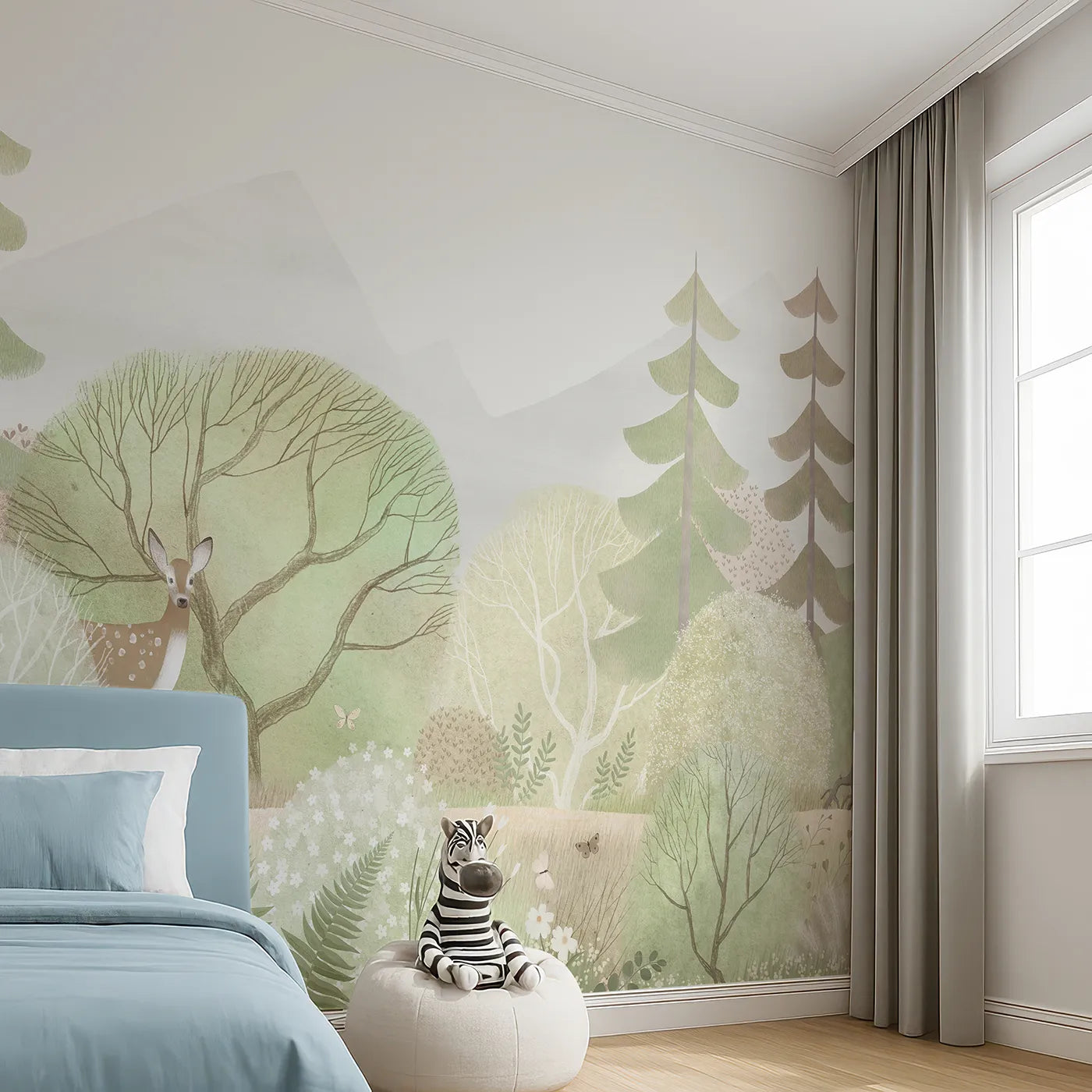 Angled view of Whimsy Tots' Gentle Woodland Wall Mural (Turn Their Room into a Soft and Dreamy Forest Clearing).Gender-Neutral