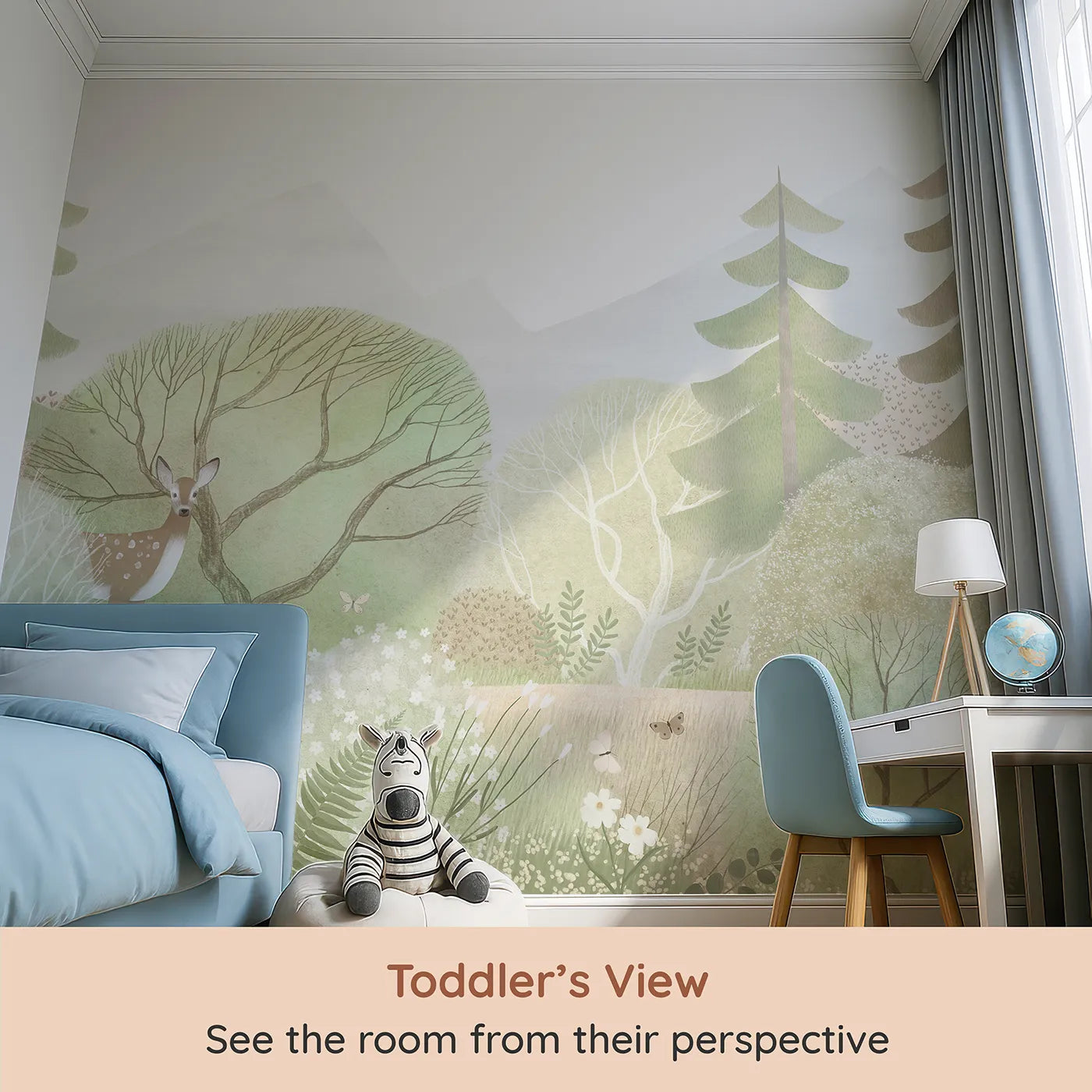 Whimsy Tots Gentle Woodland Wall Mural (Turn Their Room into a Soft and Dreamy Forest Clearing) from your child's view.Gender-Neutral