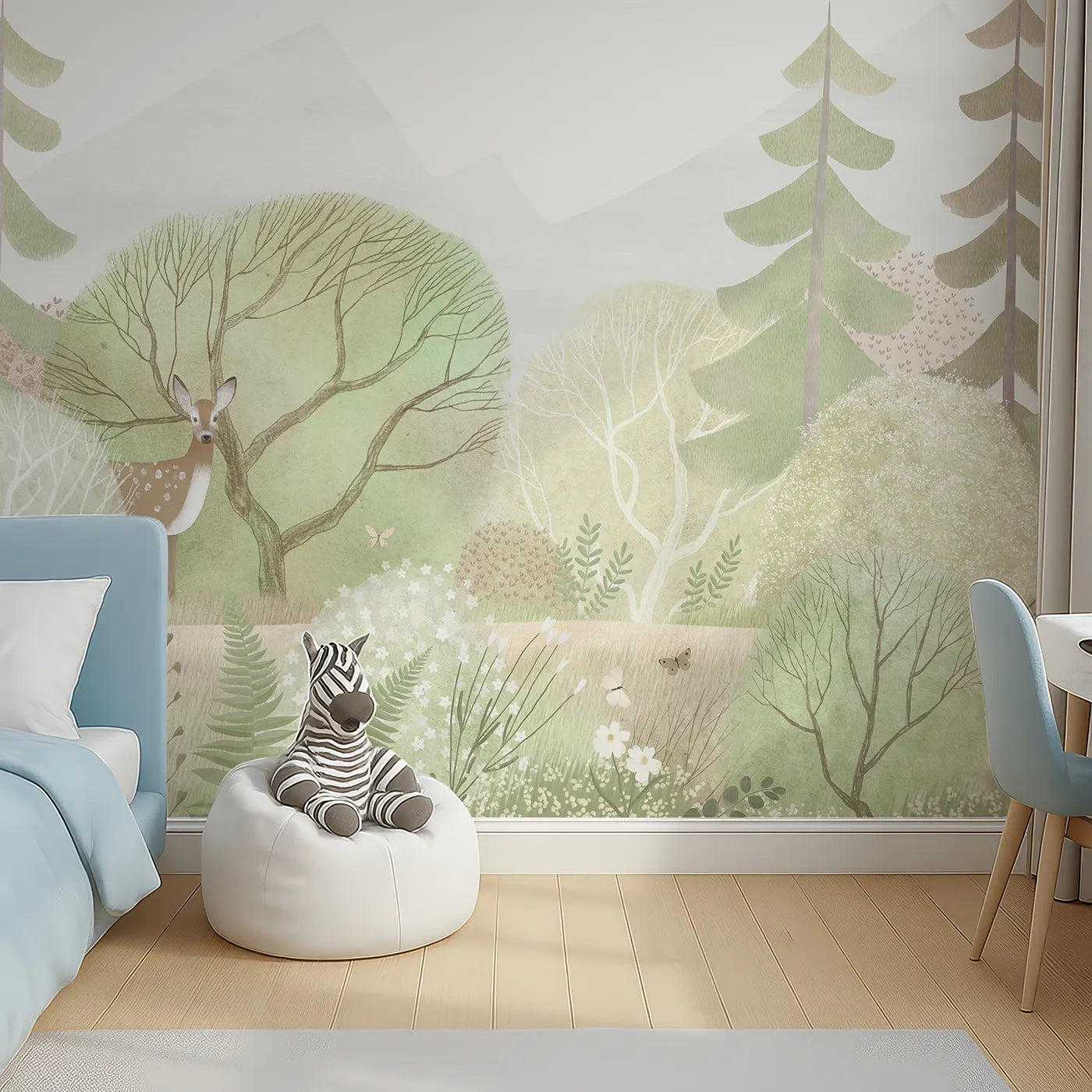 Top-down view of Whimsy Tots' Gentle Woodland Wall Mural (Turn Their Room into a Soft and Dreamy Forest Clearing).Gender-Neutral