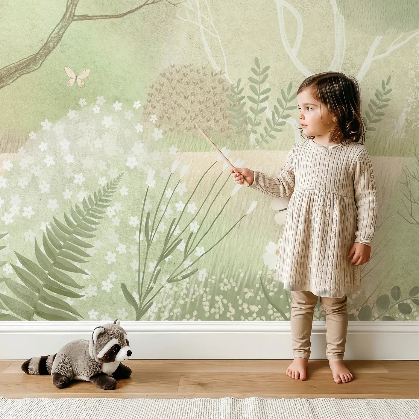 Child in front of Whimsy Tots Gentle Woodland Wall Mural with woodland, animal, forest, deer, fawn, cute, green, misty in design.