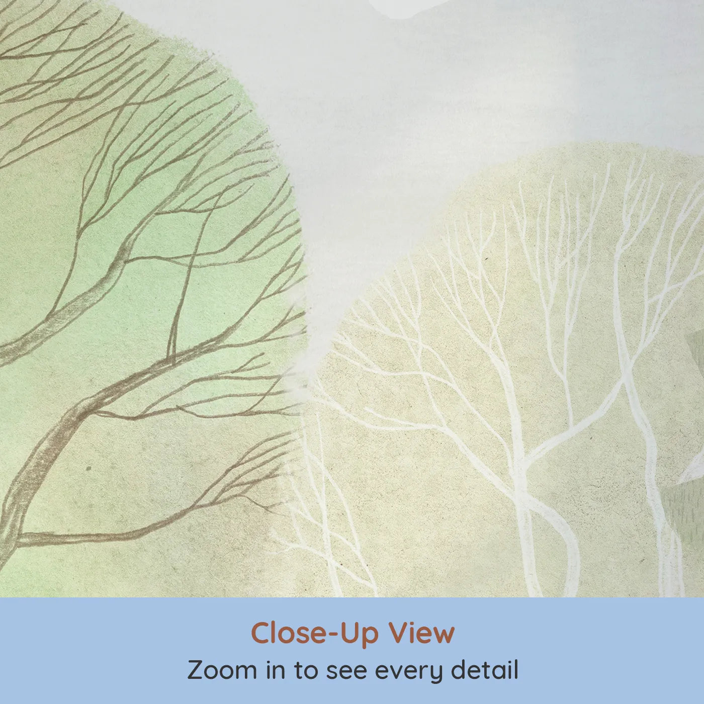 Close-up view of Whimsy Tots' Gentle Woodland Wall Mural (Turn Their Room into a Soft and Dreamy Forest Clearing).Gender-Neutral