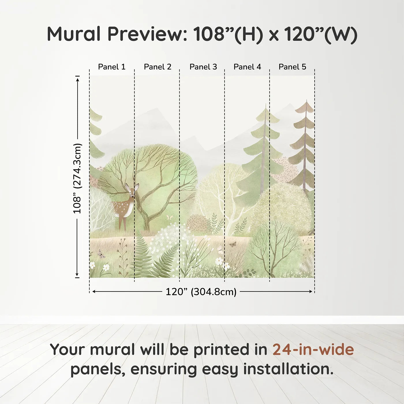 Whimsy Tots Gentle Woodland Wall Muraldimension view (108" H x 120" W). Printed in five 24-inch-wide panels. Gender-Neutral