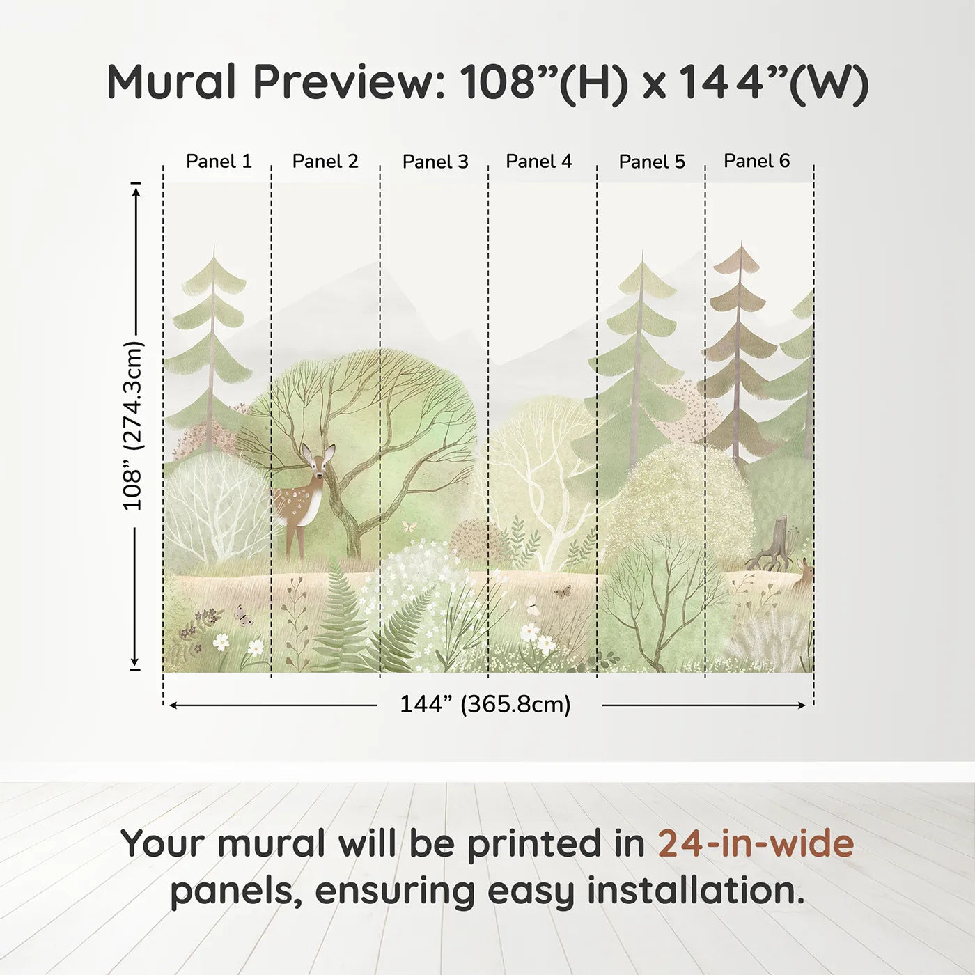Whimsy Tots Gentle Woodland Wall Muraldimension view (108" H x 144" W). Printed in six 24-inch-wide panels. Gender-Neutral