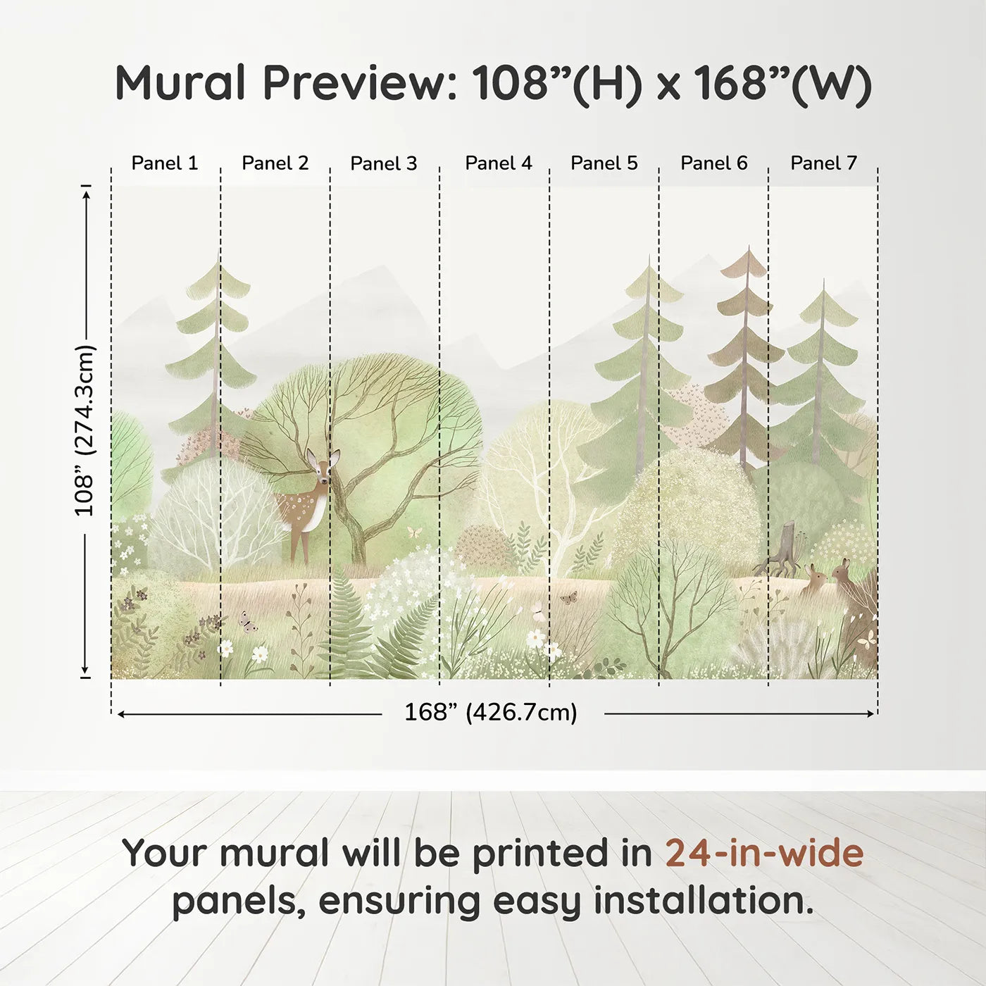 Whimsy Tots Gentle Woodland Wall Muraldimension view (108" H x 168" W). Printed in seven 24-inch-wide panels. Gender-Neutral