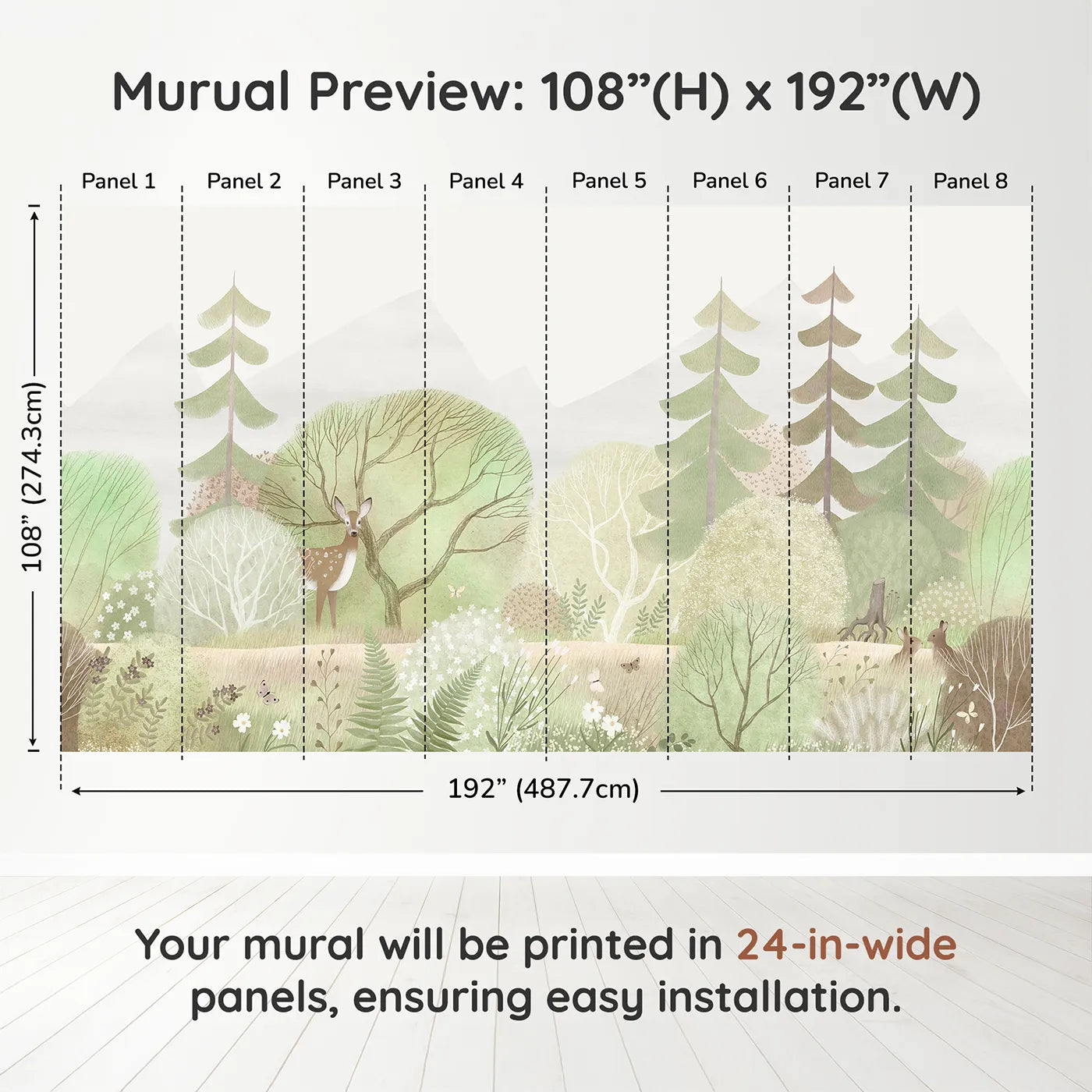 Whimsy Tots Gentle Woodland Wall Muraldimension view (108" H x 192" W). Printed in eight 24-inch-wide panels. Gender-Neutral