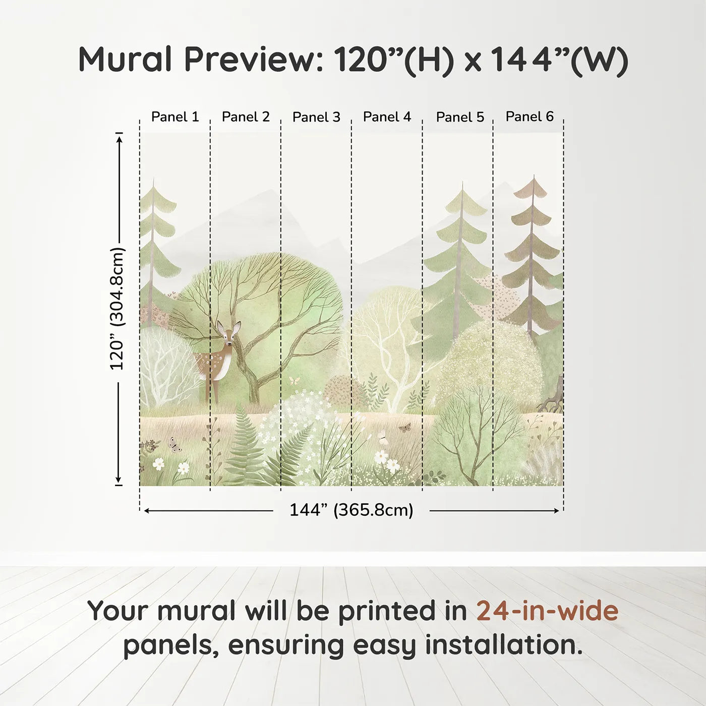 Whimsy Tots Gentle Woodland Wall Muraldimension view (120" H x 144" W). Printed in six 24-inch-wide panels. Gender-Neutral