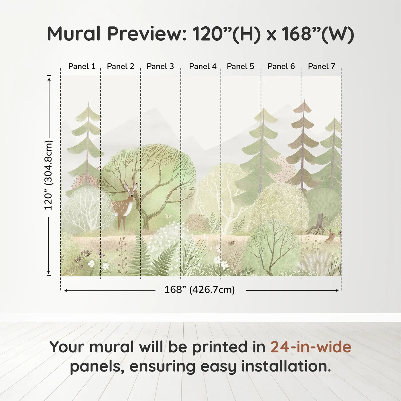 Whimsy Tots Gentle Woodland Wall Muraldimension view (120" H x 168" W). Printed in seven 24-inch-wide panels. Gender-Neutral