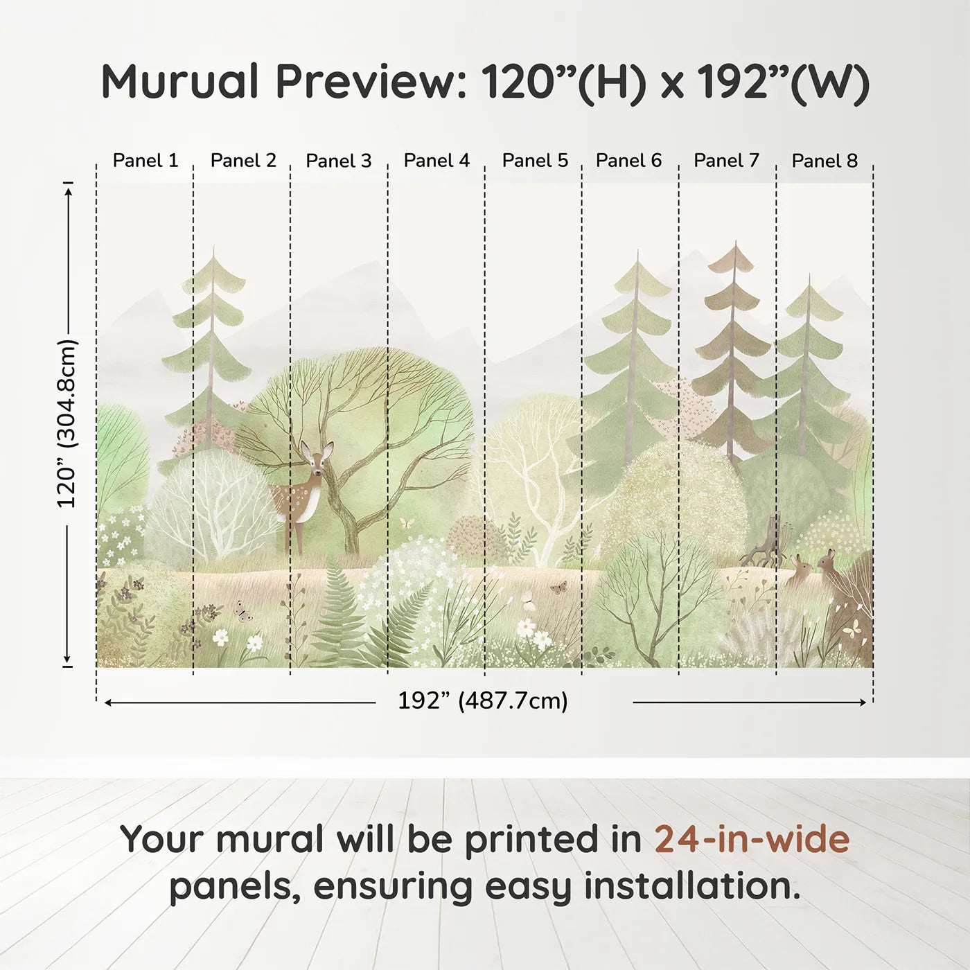 Whimsy Tots Gentle Woodland Wall Muraldimension view (120" H x 192" W). Printed in eight 24-inch-wide panels. Gender-Neutral