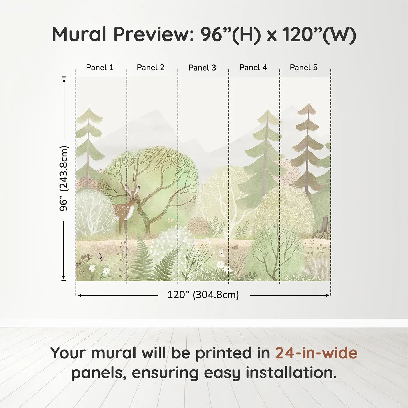 Whimsy Tots Gentle Woodland Wall Muraldimension view (96" H x 120" W). Printed in five 24-inch-wide panels. Gender-Neutral