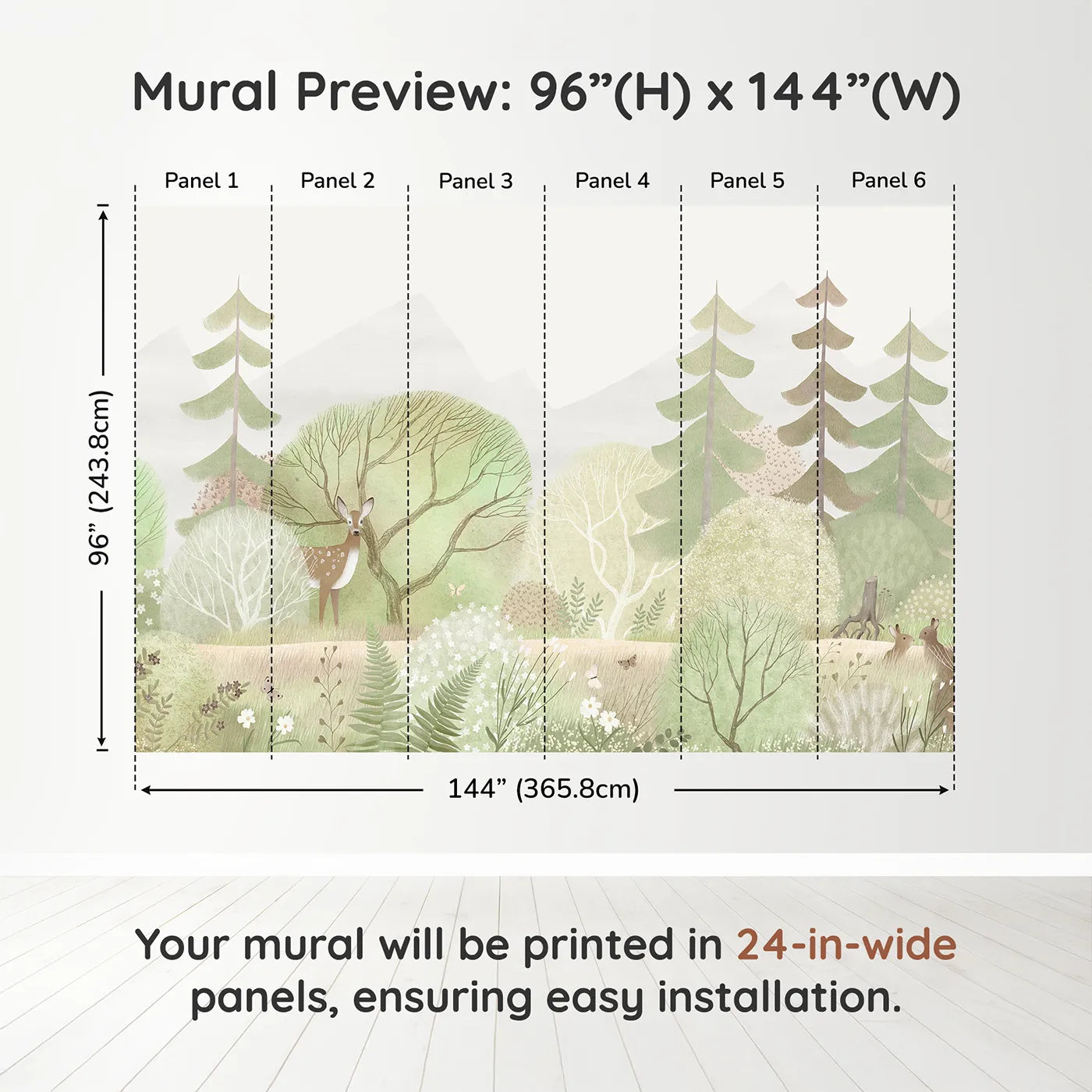 Whimsy Tots Gentle Woodland Wall Muraldimension view (96" H x 144" W). Printed in six 24-inch-wide panels. Gender-Neutral