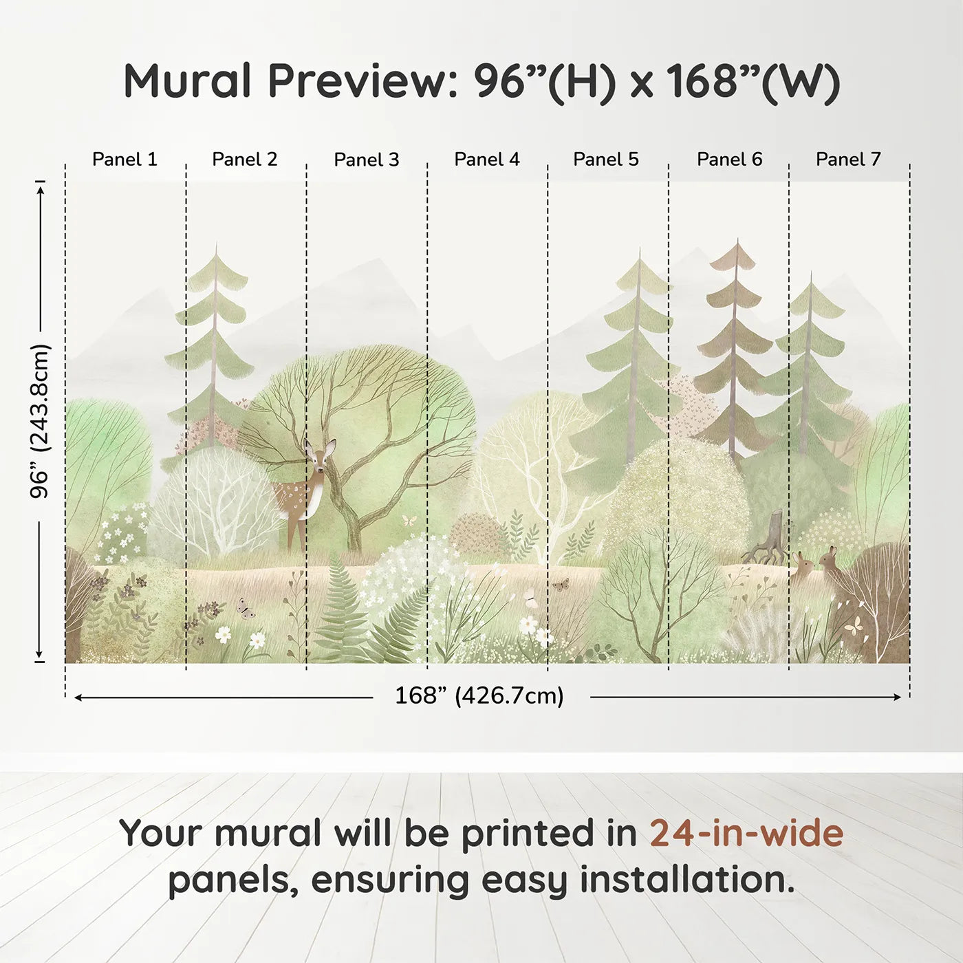 Whimsy Tots Gentle Woodland Wall Muraldimension view (96" H x 168" W). Printed in seven 24-inch-wide panels. Gender-Neutral