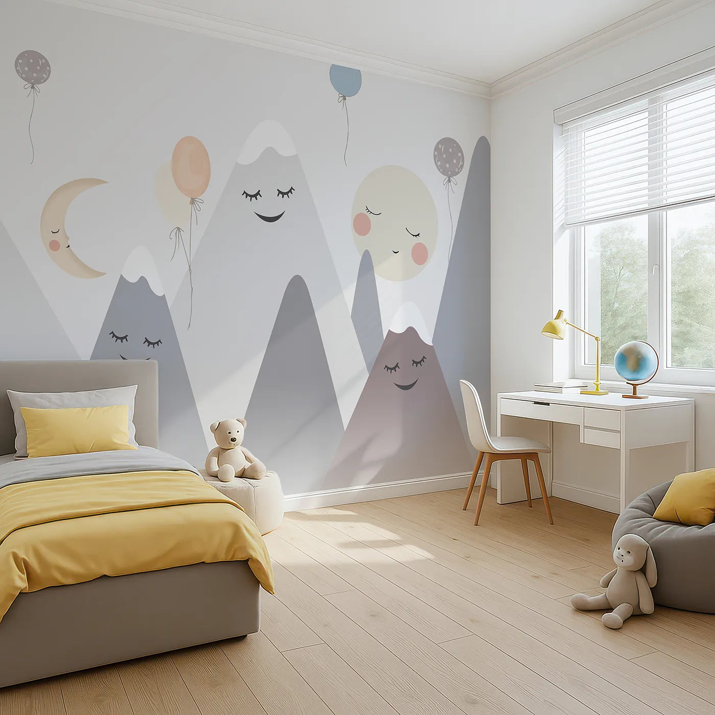 Angled view of Whimsy Tots' Singing Mountains Wall Mural (Turn Their Room into a Land of Gentle, Musical Dreams).Gender-Neutral