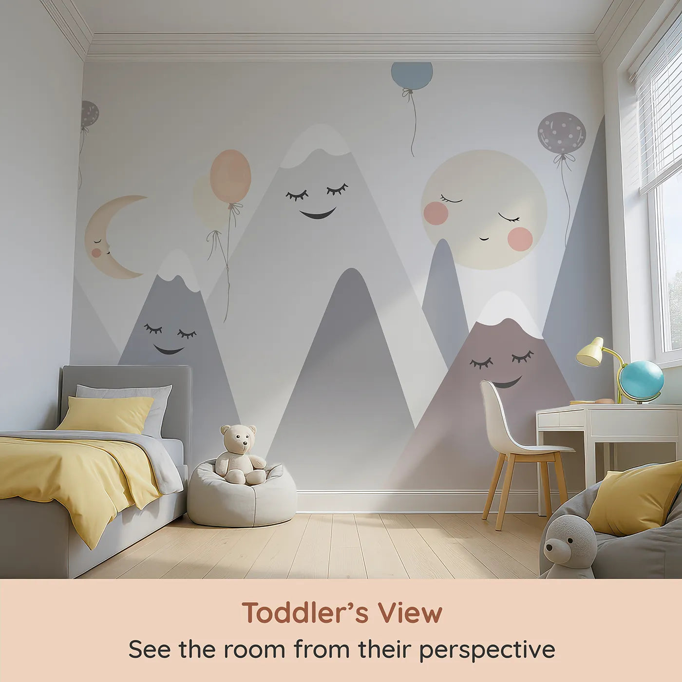 Whimsy Tots Singing Mountains Wall Mural (Turn Their Room into a Land of Gentle, Musical Dreams) from your child's view.Gender-Neutral