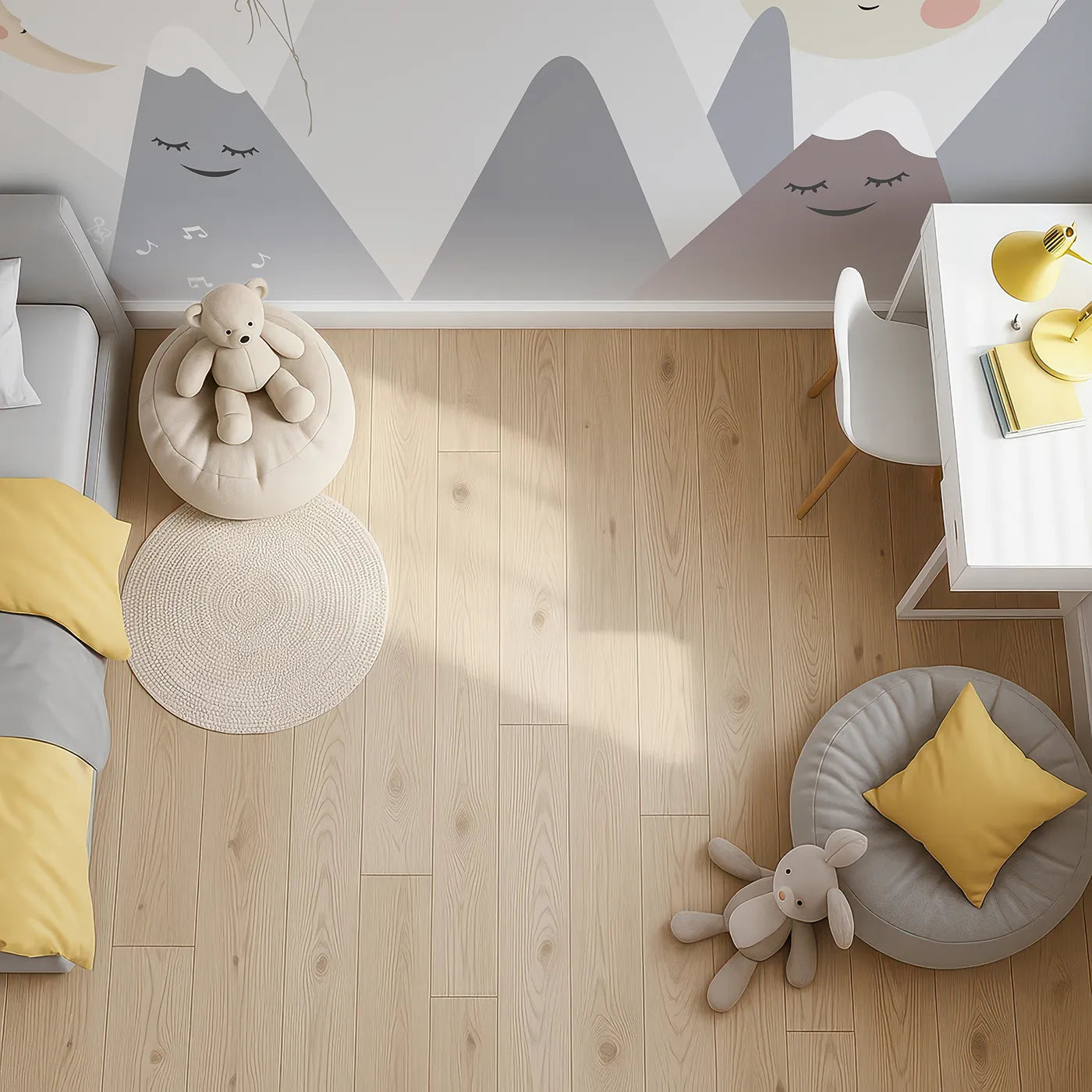 Top-down view of Whimsy Tots' Singing Mountains Wall Mural (Turn Their Room into a Land of Gentle, Musical Dreams).Gender-Neutral