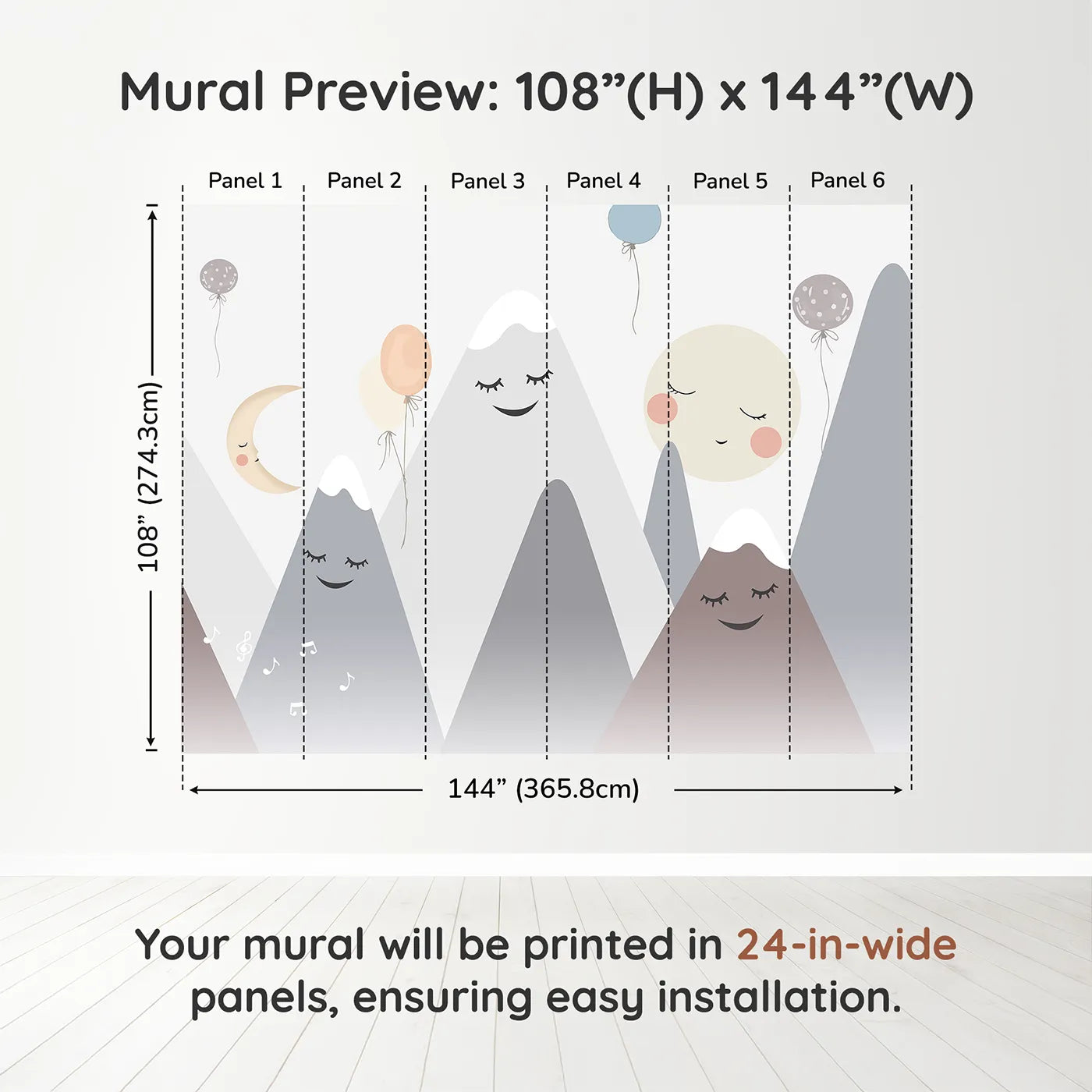 Whimsy Tots Singing Mountains Wall Muraldimension view (108" H x 144" W). Printed in six 24-inch-wide panels. Gender-Neutral