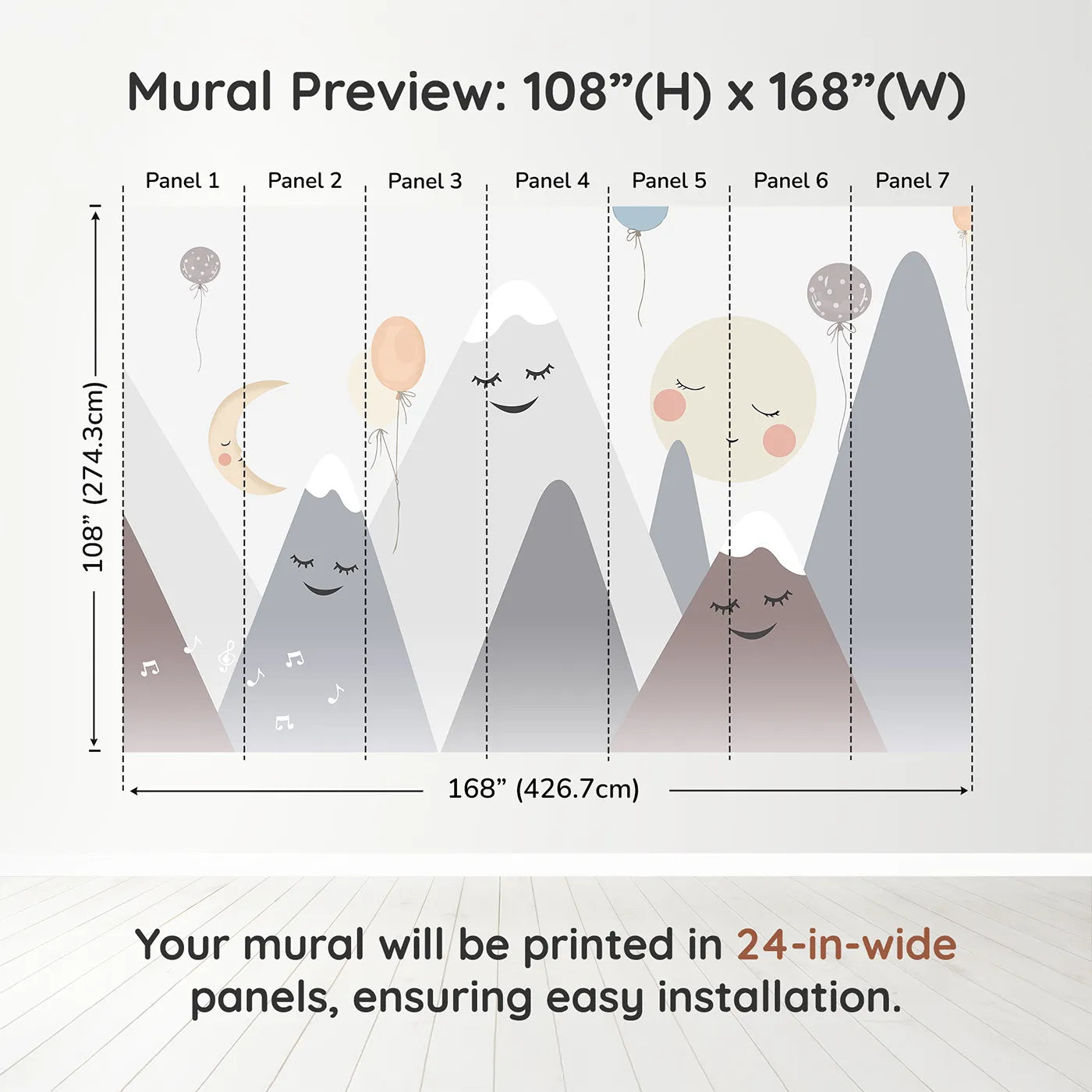 Whimsy Tots Singing Mountains Wall Muraldimension view (108" H x 168" W). Printed in seven 24-inch-wide panels. Gender-Neutral