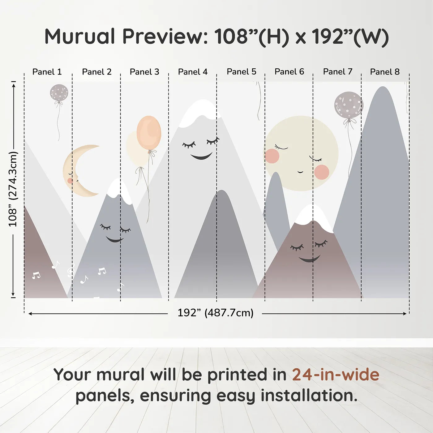 Whimsy Tots Singing Mountains Wall Muraldimension view (108" H x 192" W). Printed in eight 24-inch-wide panels. Gender-Neutral