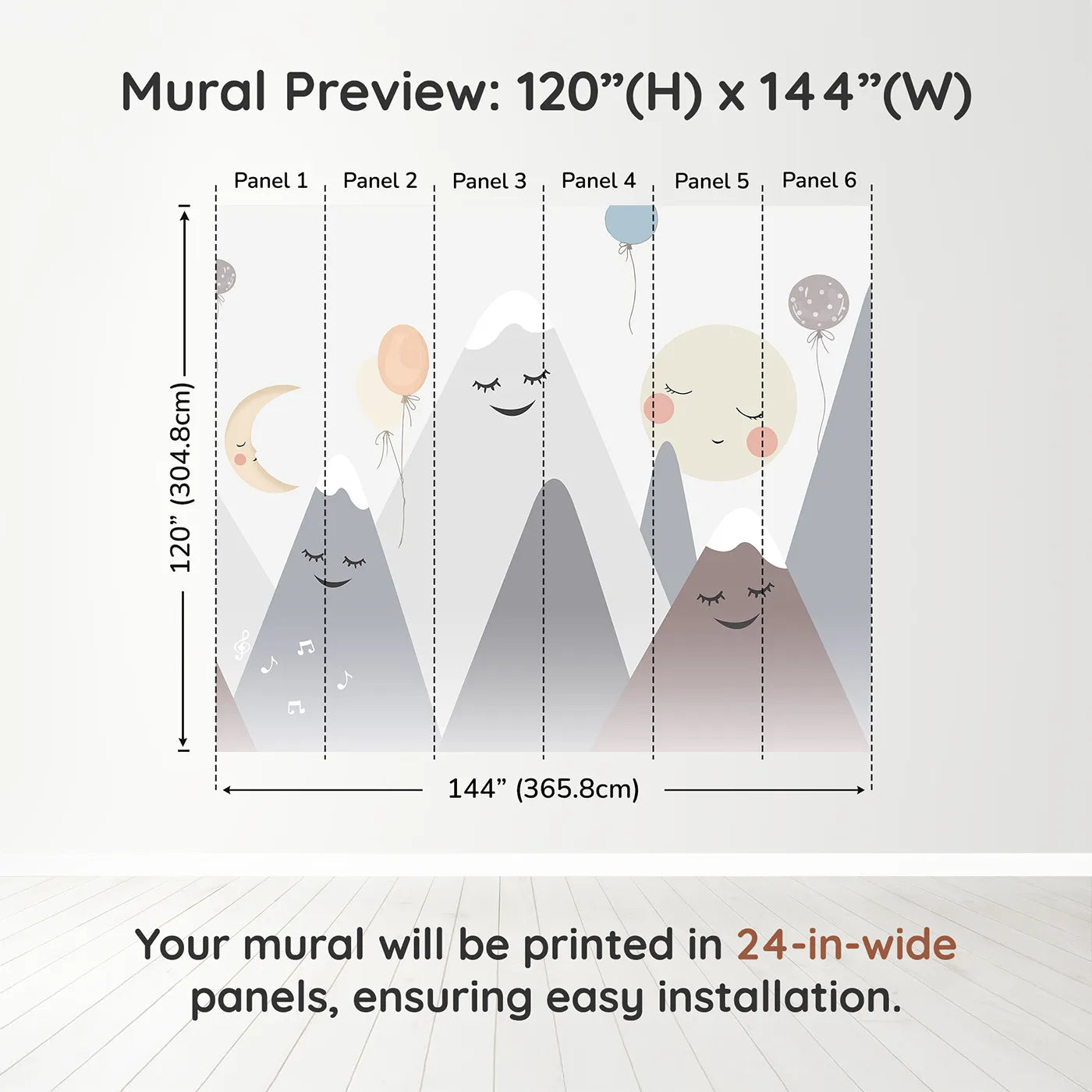 Whimsy Tots Singing Mountains Wall Muraldimension view (120" H x 144" W). Printed in six 24-inch-wide panels. Gender-Neutral