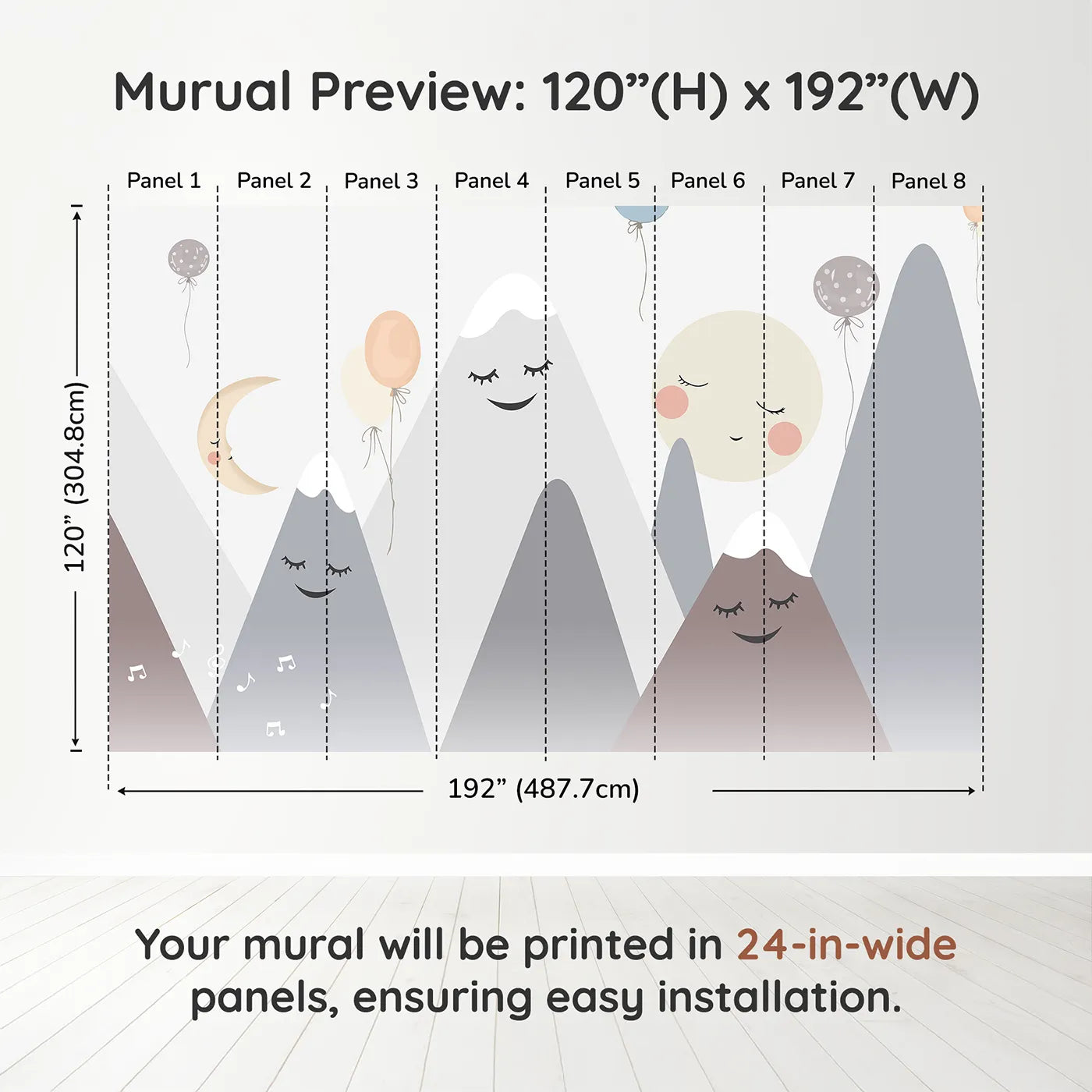 Whimsy Tots Singing Mountains Wall Muraldimension view (120" H x 192" W). Printed in eight 24-inch-wide panels. Gender-Neutral
