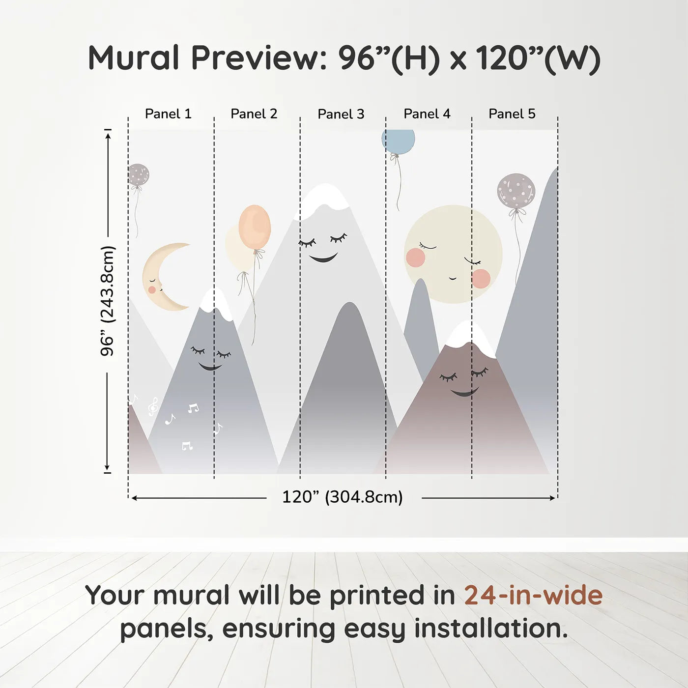Whimsy Tots Singing Mountains Wall Muraldimension view (96" H x 120" W). Printed in five 24-inch-wide panels. Gender-Neutral