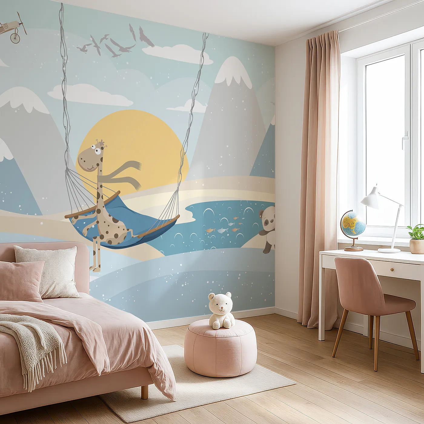 Angled view of Whimsy Tots' Winter Safari Adventure Wall Mural (Turn Their Room into a Whimsical, Snowy Expedition).Gender-Neutral