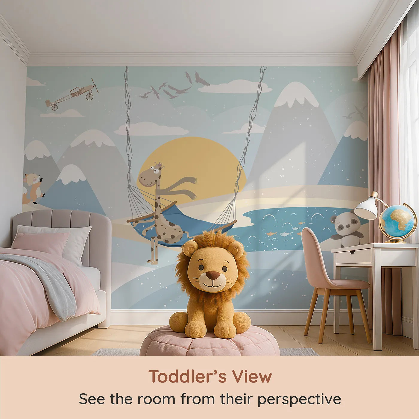 Whimsy Tots Winter Safari Adventure Wall Mural (Turn Their Room into a Whimsical, Snowy Expedition) from your child's view.Gender-Neutral