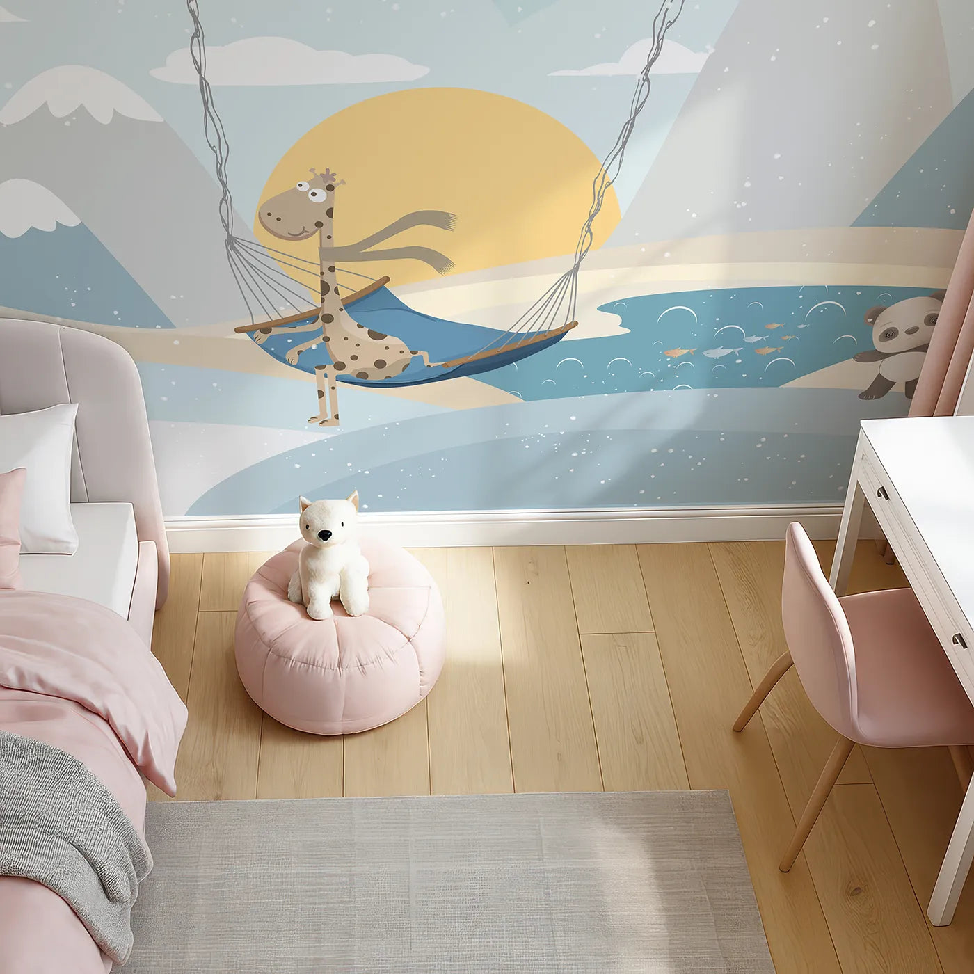 Top-down view of Whimsy Tots' Winter Safari Adventure Wall Mural (Turn Their Room into a Whimsical, Snowy Expedition).Gender-Neutral