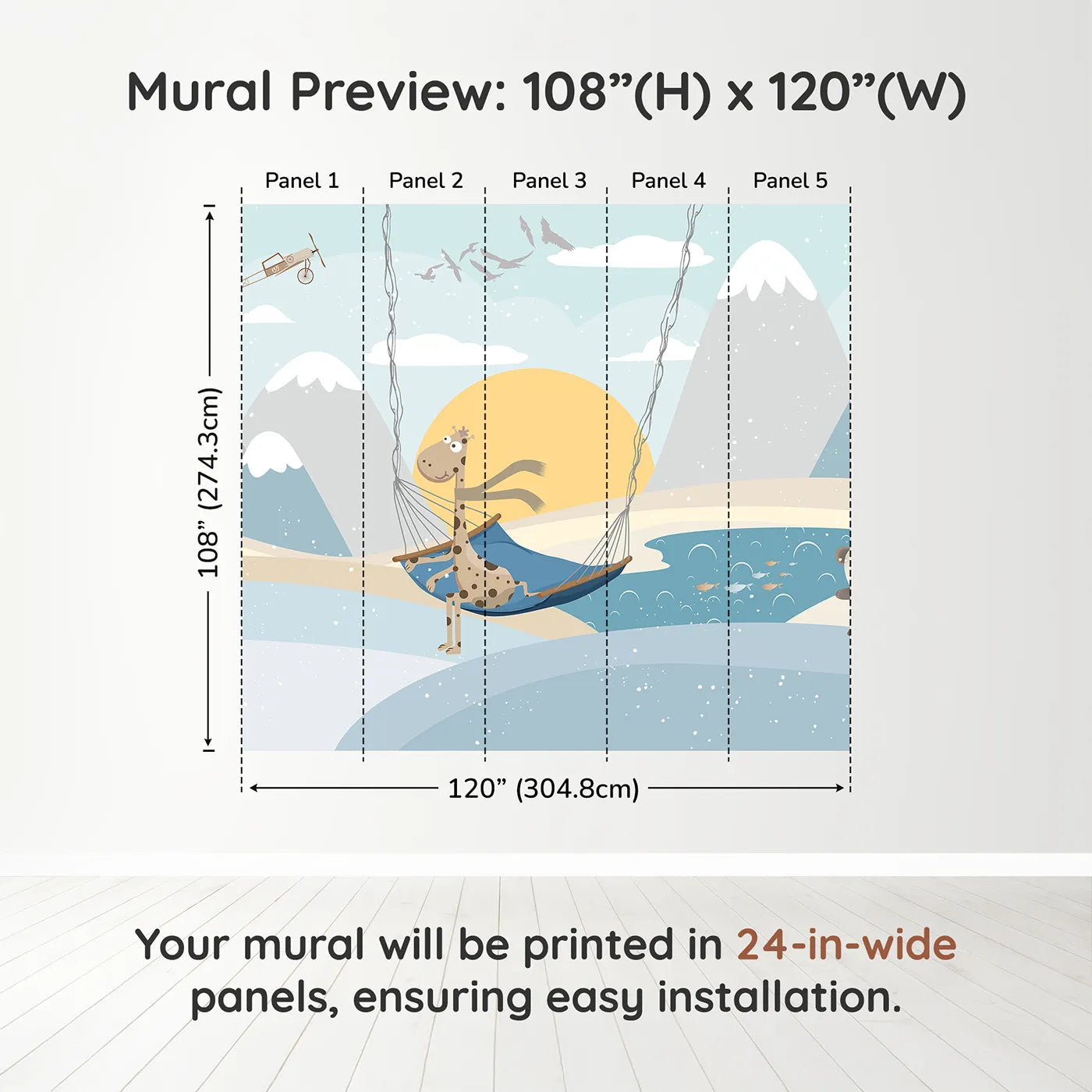 Whimsy Tots Winter Safari Adventure Wall Muraldimension view (108" H x 120" W). Printed in five 24-inch-wide panels. Gender-Neutral