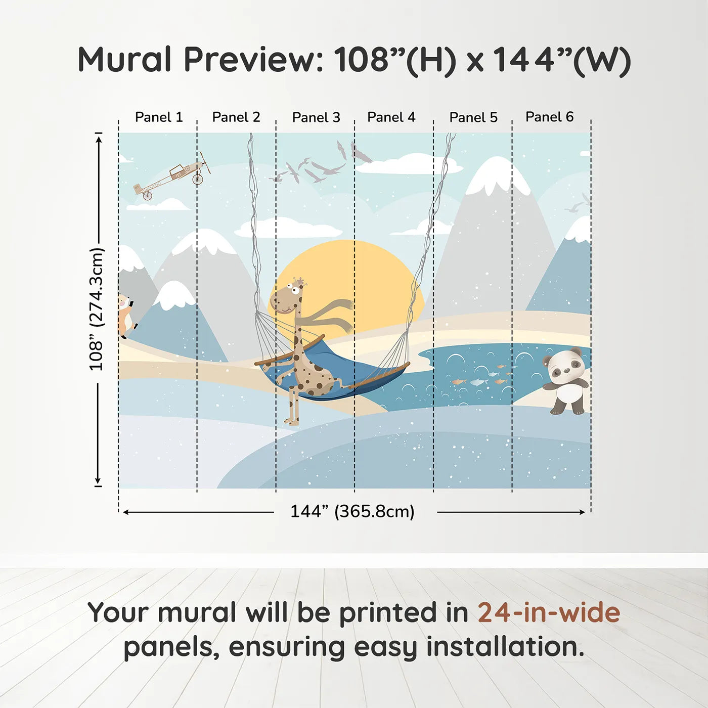 Whimsy Tots Winter Safari Adventure Wall Muraldimension view (108" H x 144" W). Printed in six 24-inch-wide panels. Gender-Neutral
