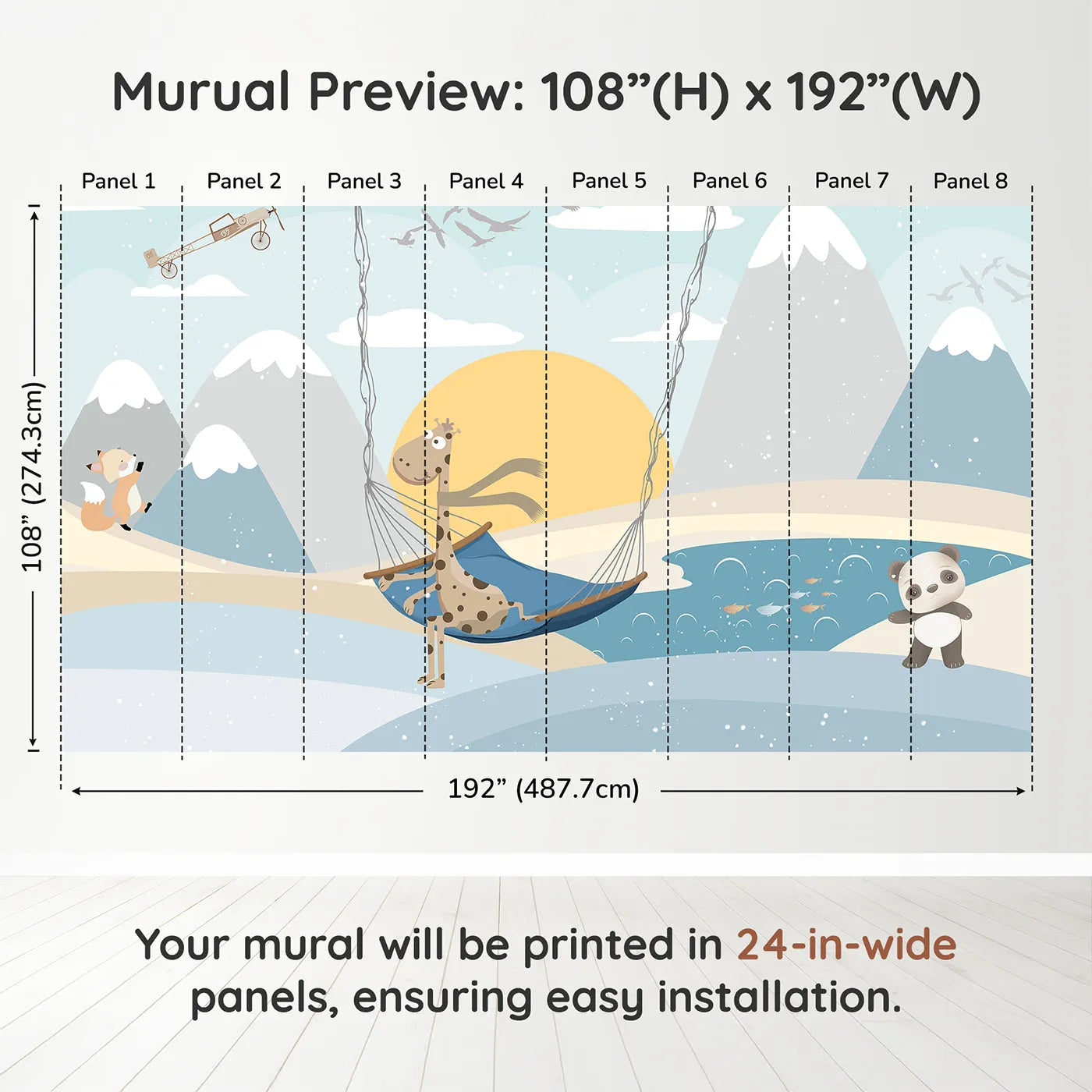 Whimsy Tots Winter Safari Adventure Wall Muraldimension view (108" H x 192" W). Printed in eight 24-inch-wide panels. Gender-Neutral