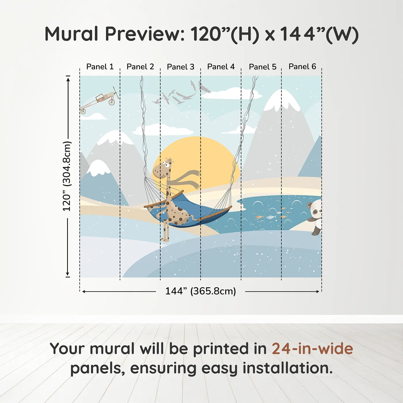 Whimsy Tots Winter Safari Adventure Wall Muraldimension view (120" H x 144" W). Printed in six 24-inch-wide panels. Gender-Neutral