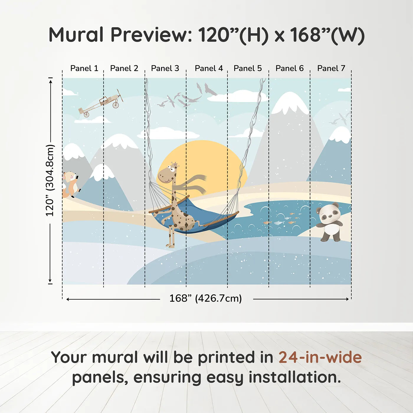 Whimsy Tots Winter Safari Adventure Wall Muraldimension view (120" H x 168" W). Printed in seven 24-inch-wide panels. Gender-Neutral
