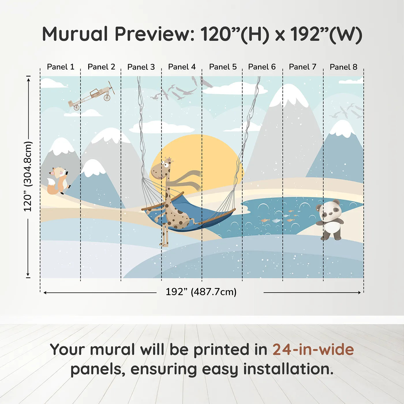 Whimsy Tots Winter Safari Adventure Wall Muraldimension view (120" H x 192" W). Printed in eight 24-inch-wide panels. Gender-Neutral