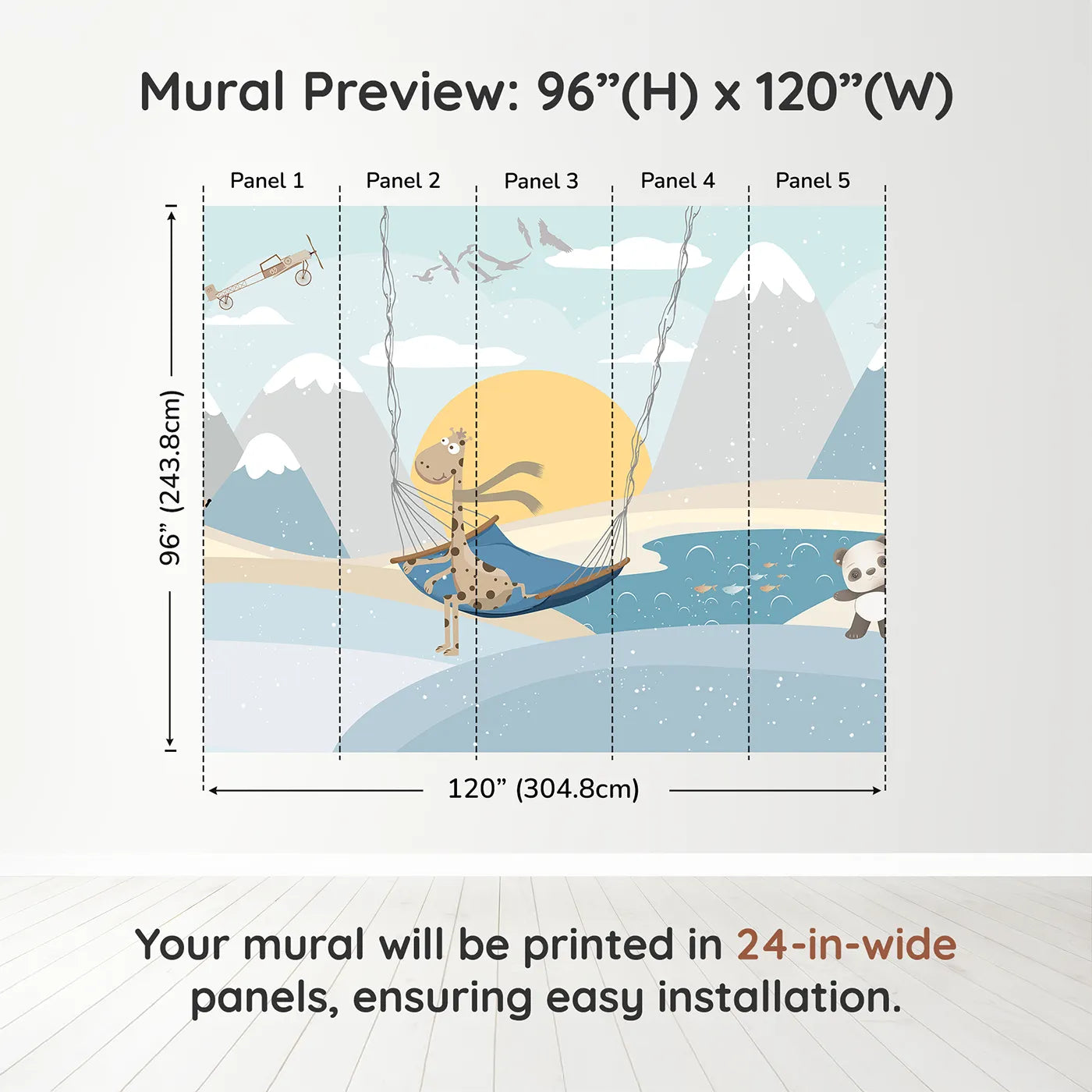 Whimsy Tots Winter Safari Adventure Wall Muraldimension view (96" H x 120" W). Printed in five 24-inch-wide panels. Gender-Neutral